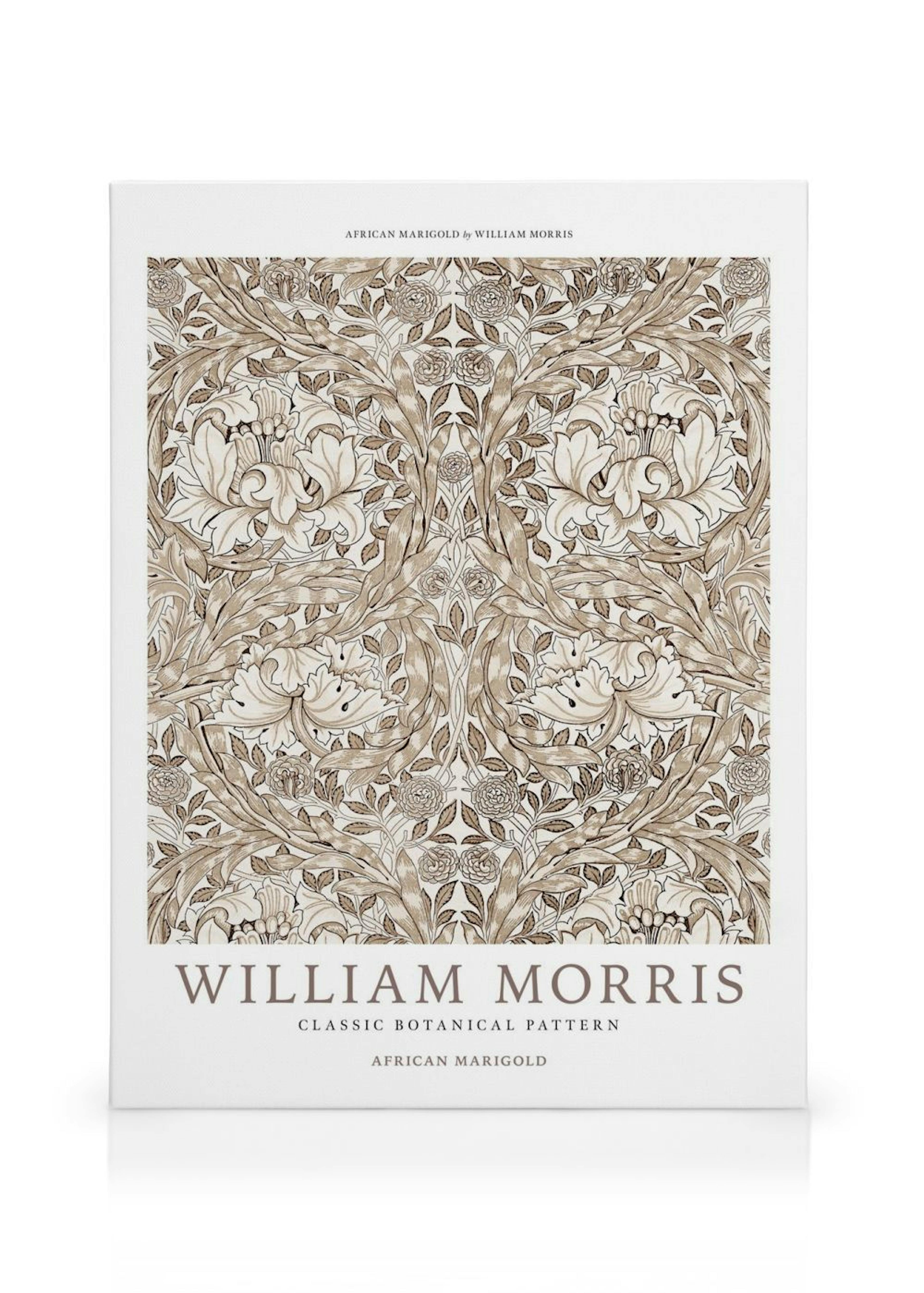 Leinwandbild mit klassischem, botanischem Muster in Beigetönen von William Morris, schwebend über einer reflektierenden Oberfläc