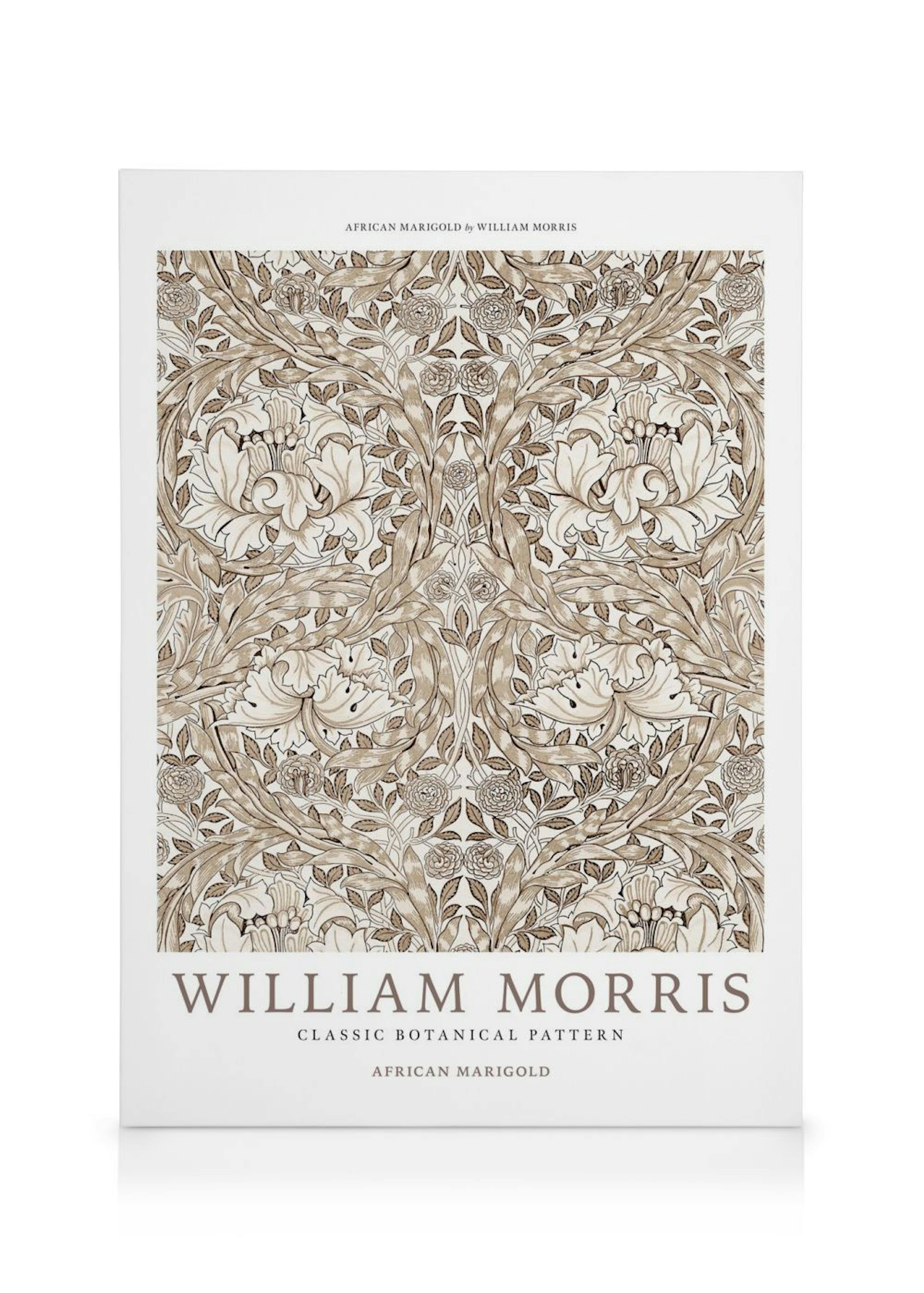 Toile de William Morris, motif botanique classique African Marigold, teintes de beige et marron.