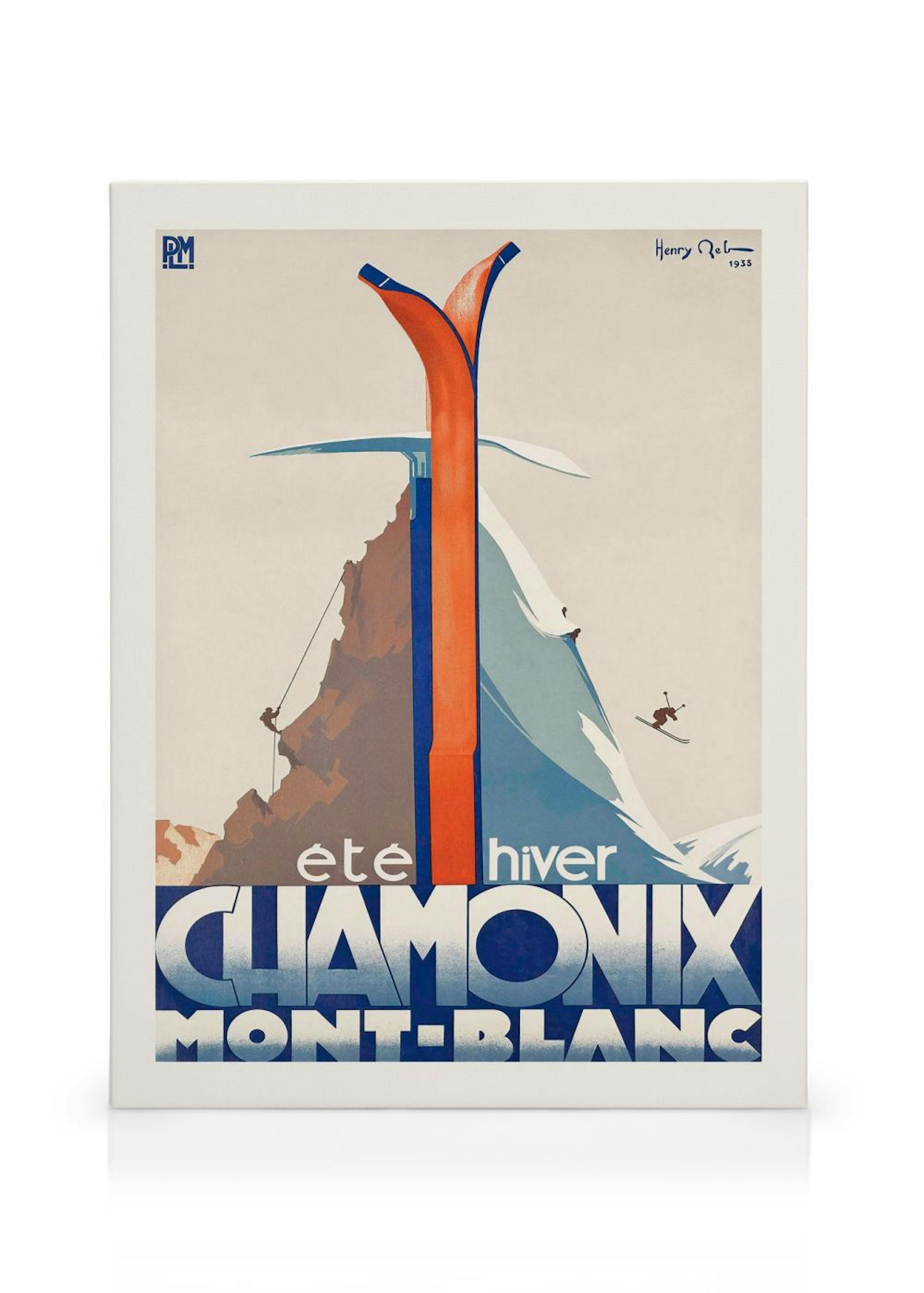 Vintage-Leinwandbild von Chamonix Mont-Blanc mit Skiern, Bergen und Schriftzug.