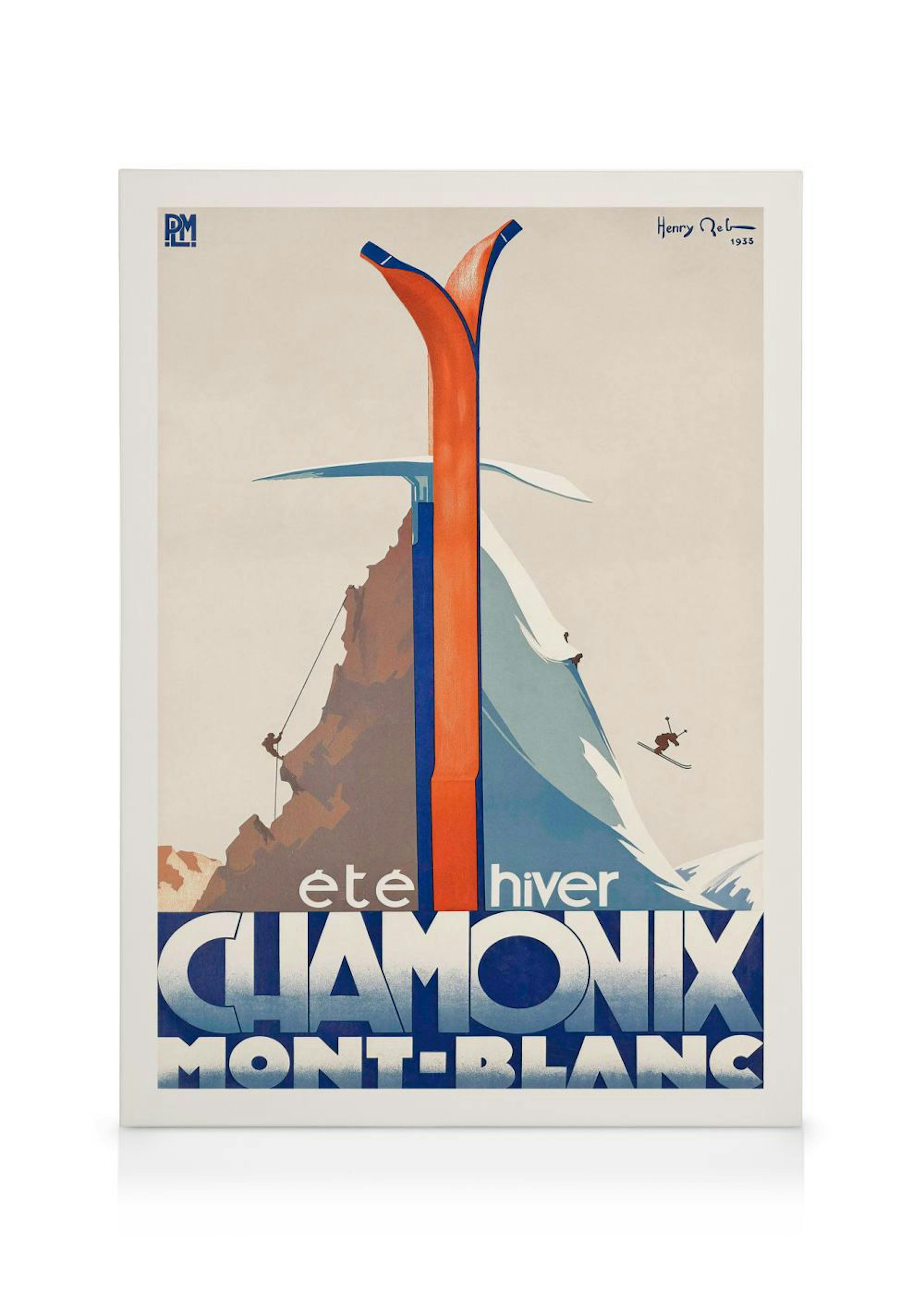 Canvastavla med retro skidposter från Chamonix, med skidor, berg och årtalet 1935.