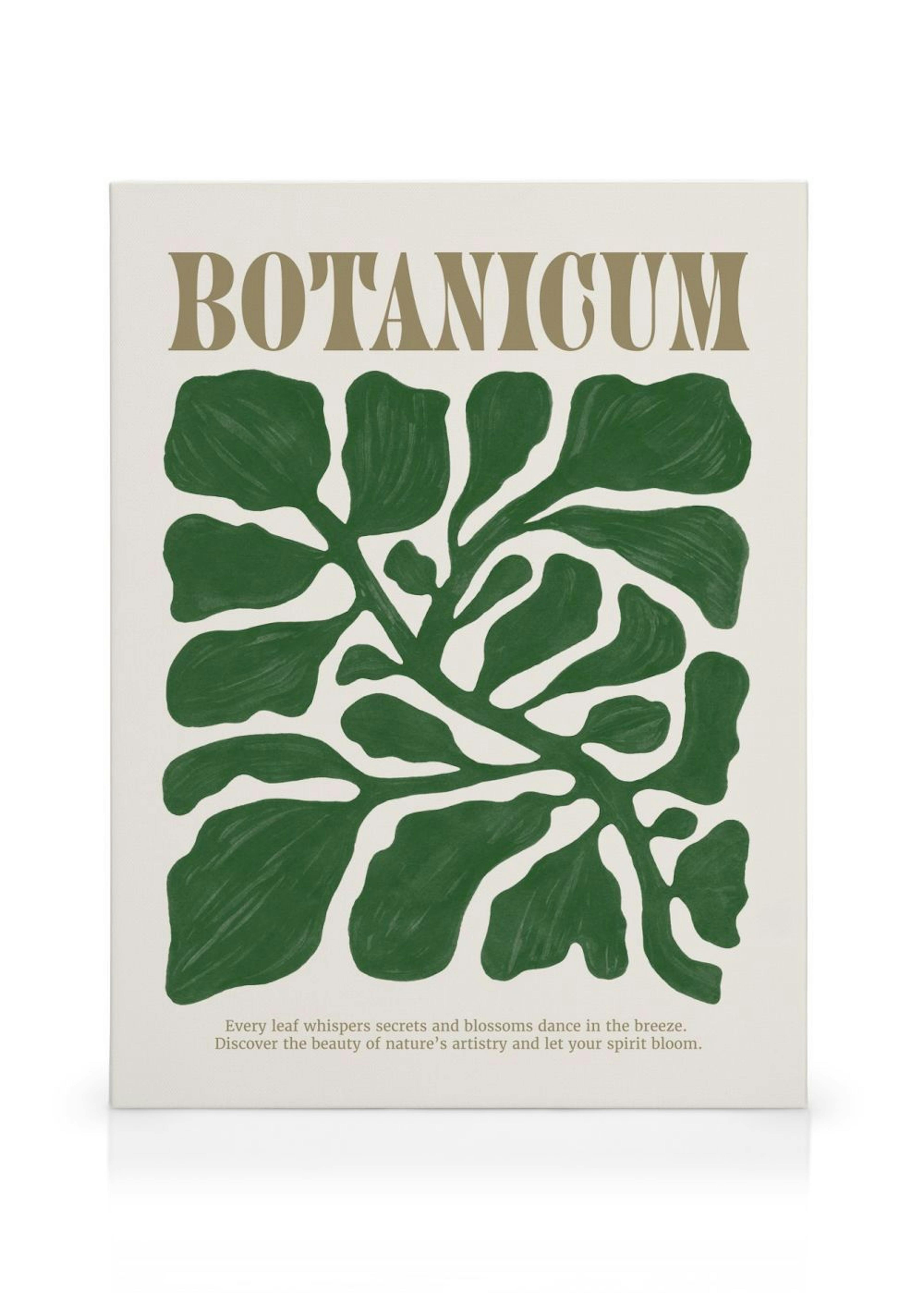 Leinwandbild mit dunkelgrünen Blattformen auf hellem Hintergrund, Schriftzug BOTANICUM und einem Zitat.