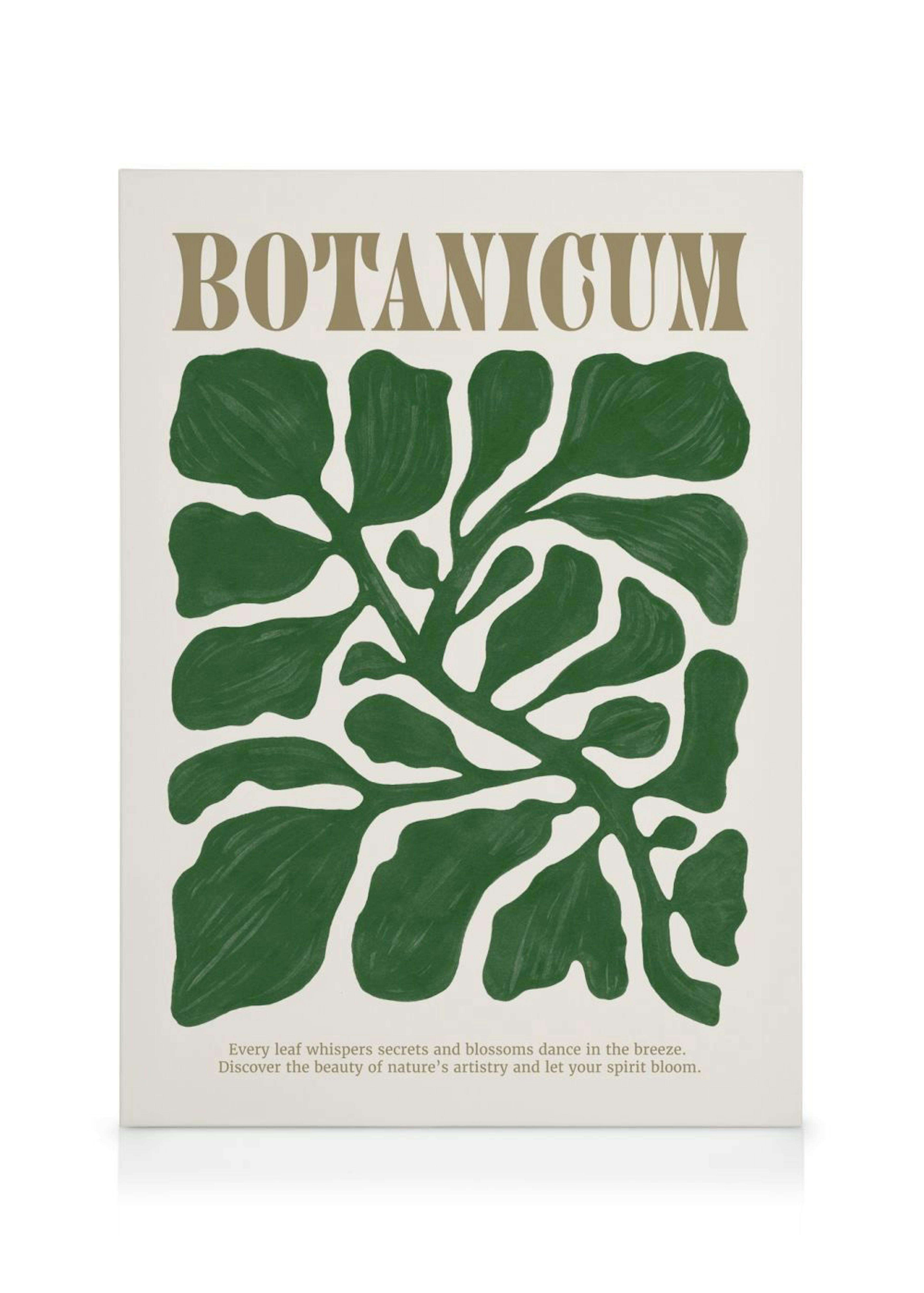 Et lærred med en illustration af grønne botaniske blade og teksten BOTANICUM og et inspirerende citat.