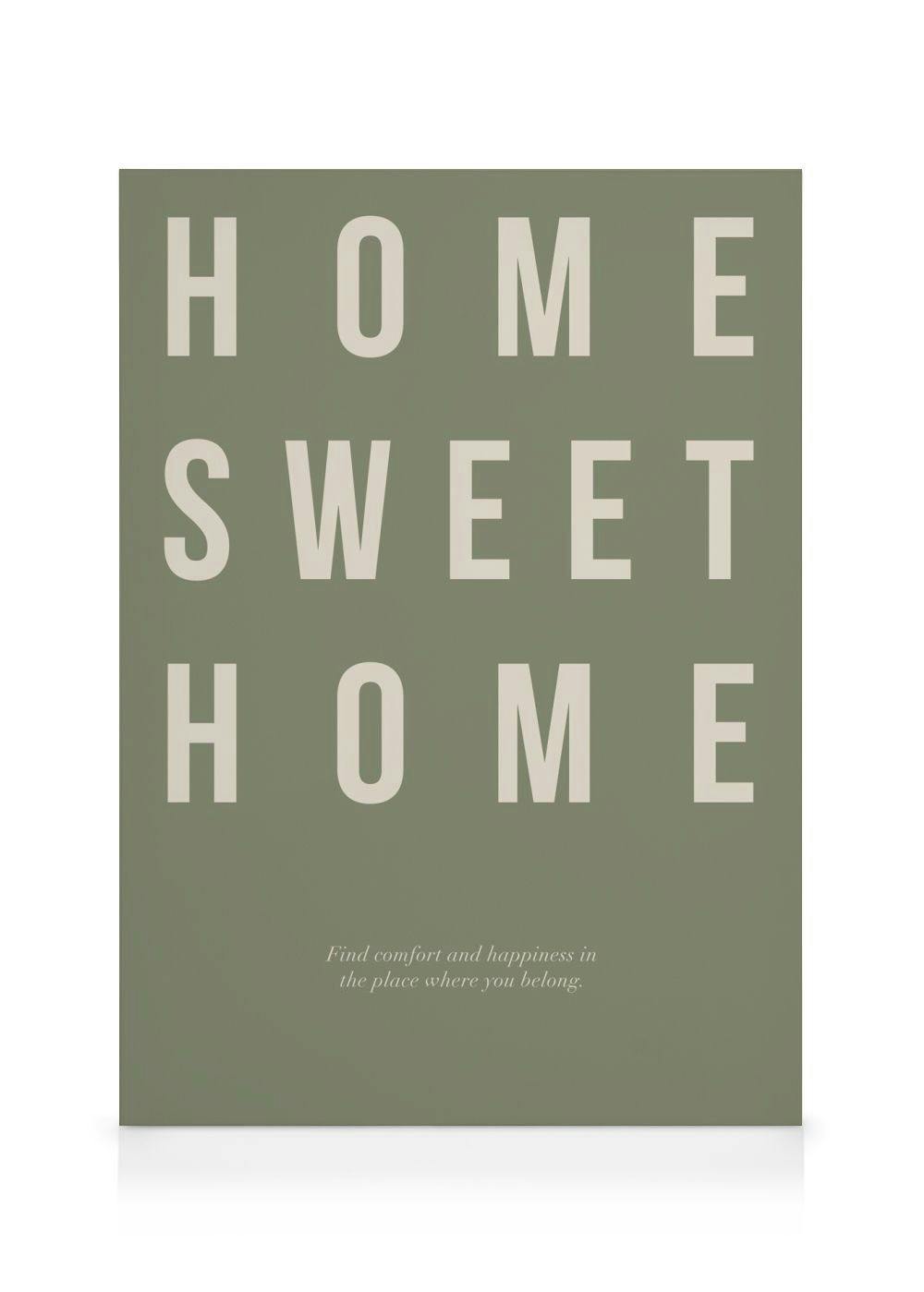 Tela decorativa verde com a frase HOME SWEET HOME em letras bege e uma citação inspiradora.