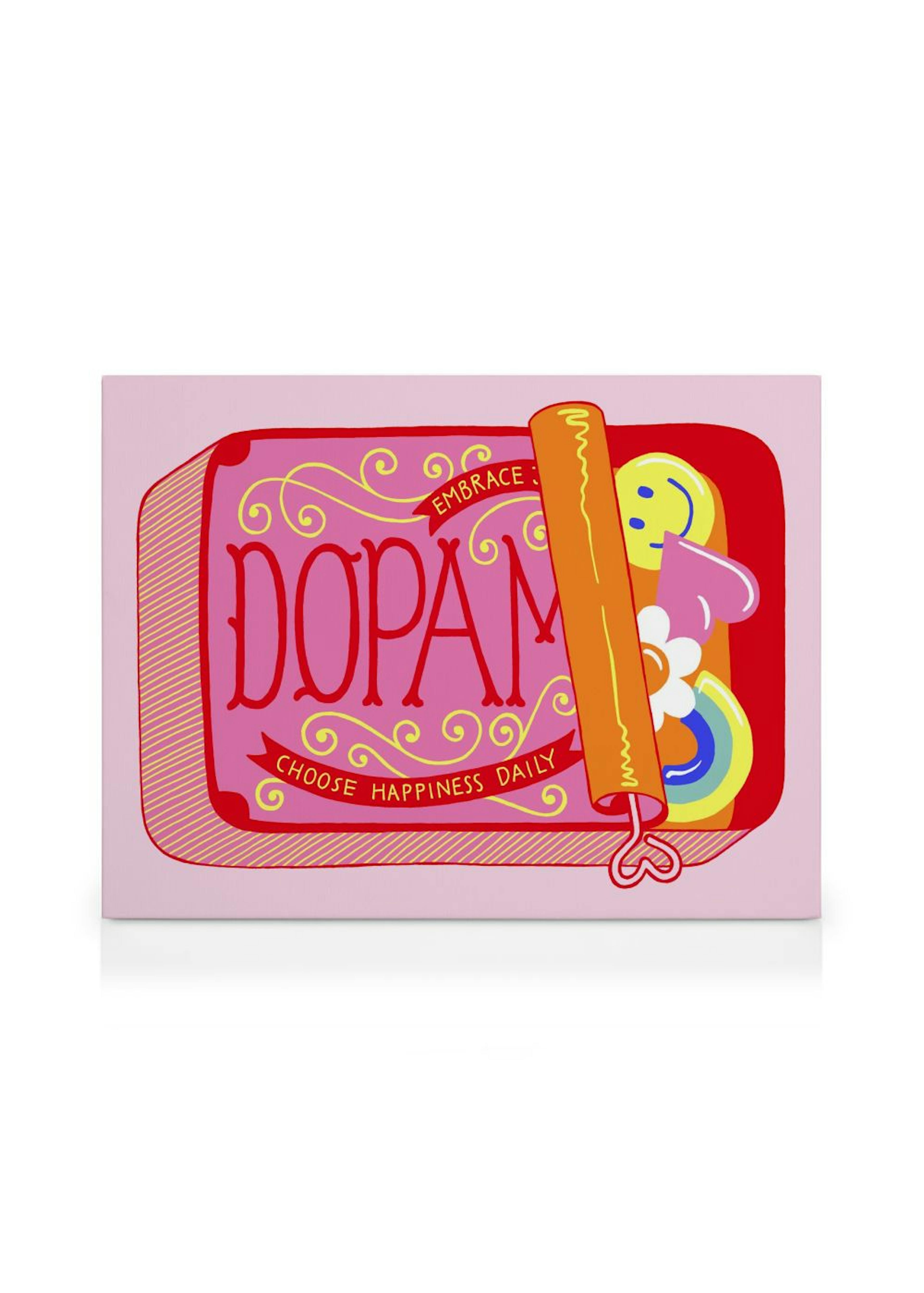 Buntes Leinwandbild mit der Aufschrift DOPAMINE“ und EMBRACE CHOOSE HAPPINESS DAILY“, begleitet von einem Smiley und einem Regen