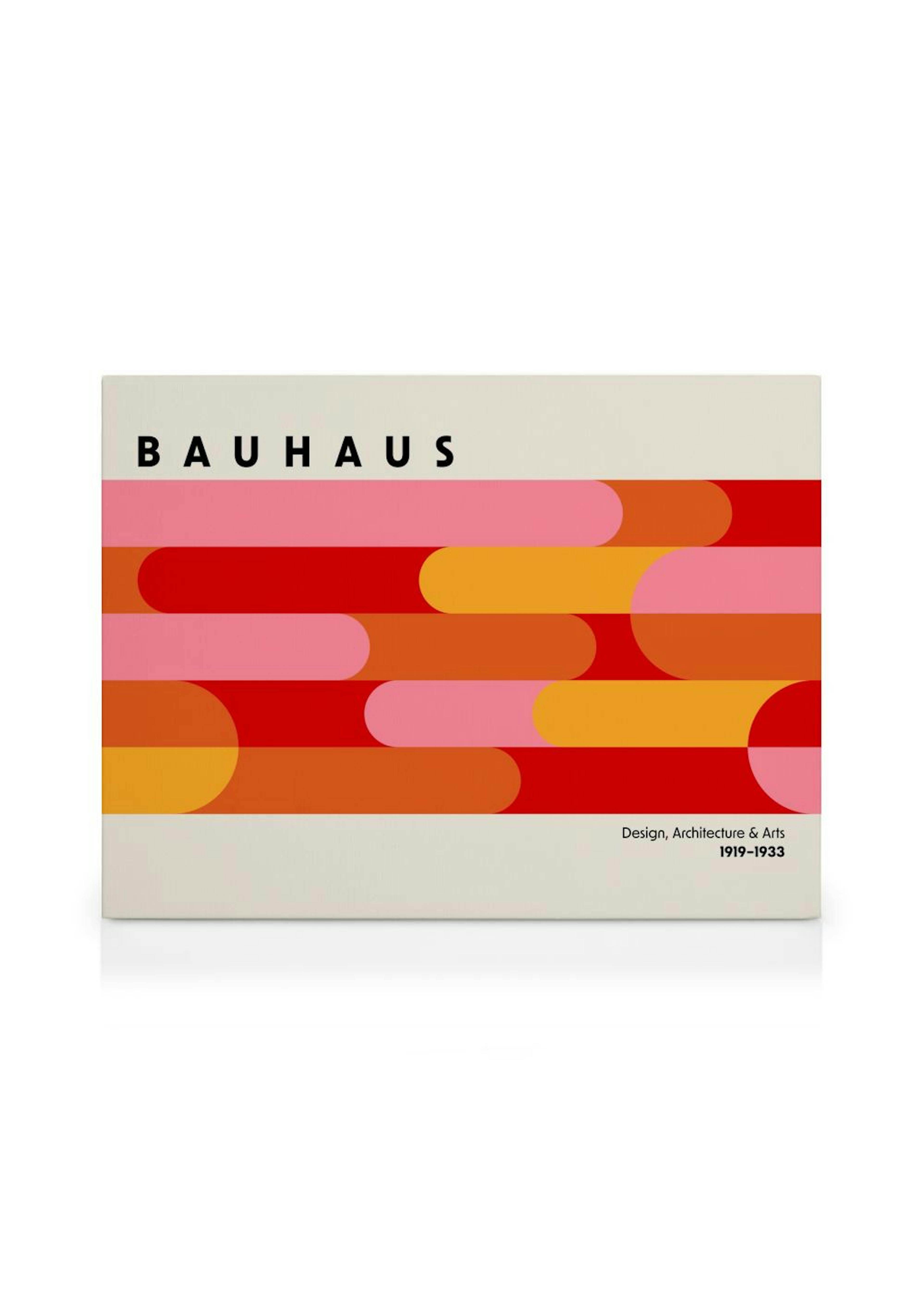 Leinwandbild mit Bauhaus-Schriftzug und bunten, abgerundeten Rechtecken in Rot, Pink und Orange.