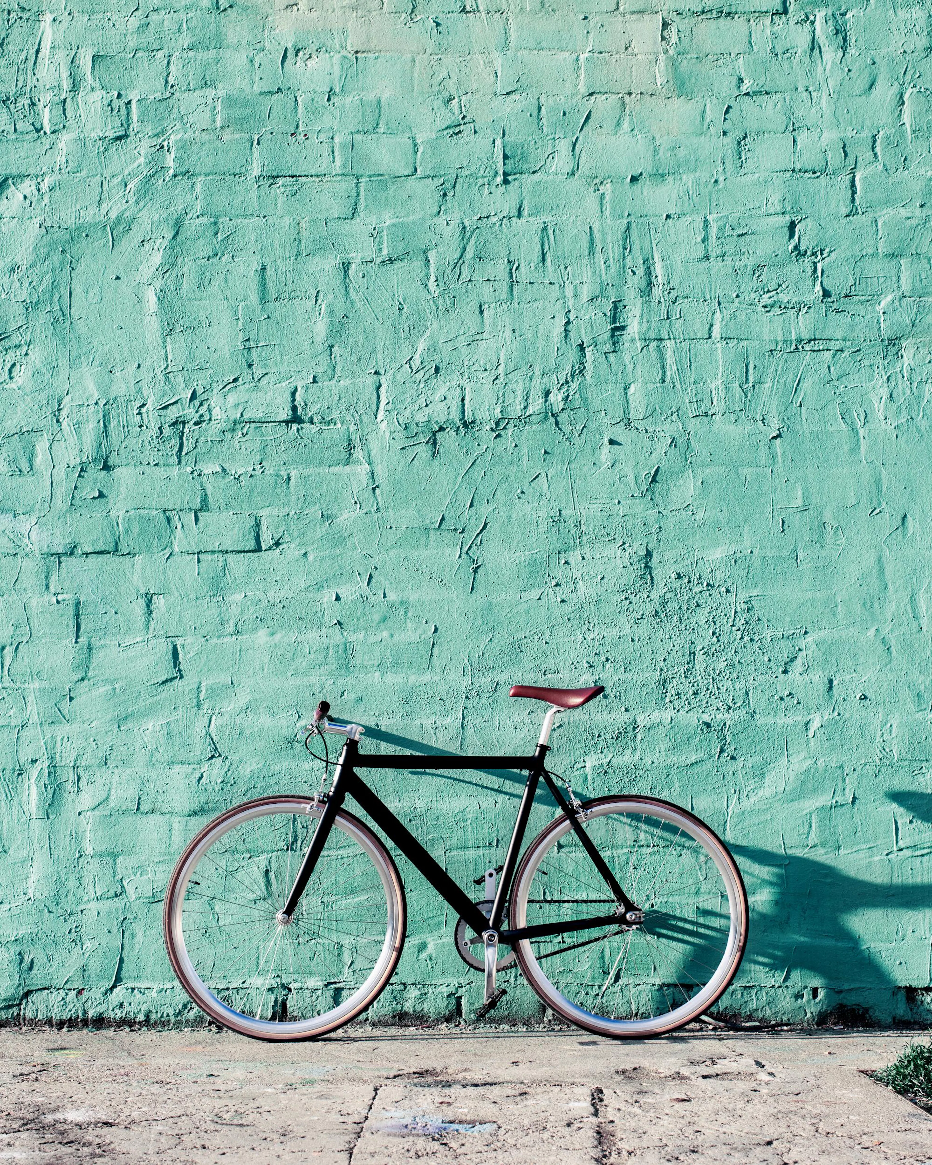 Black bicycle with white wheels and a brown seat, leaning against a textured mint green wall print.