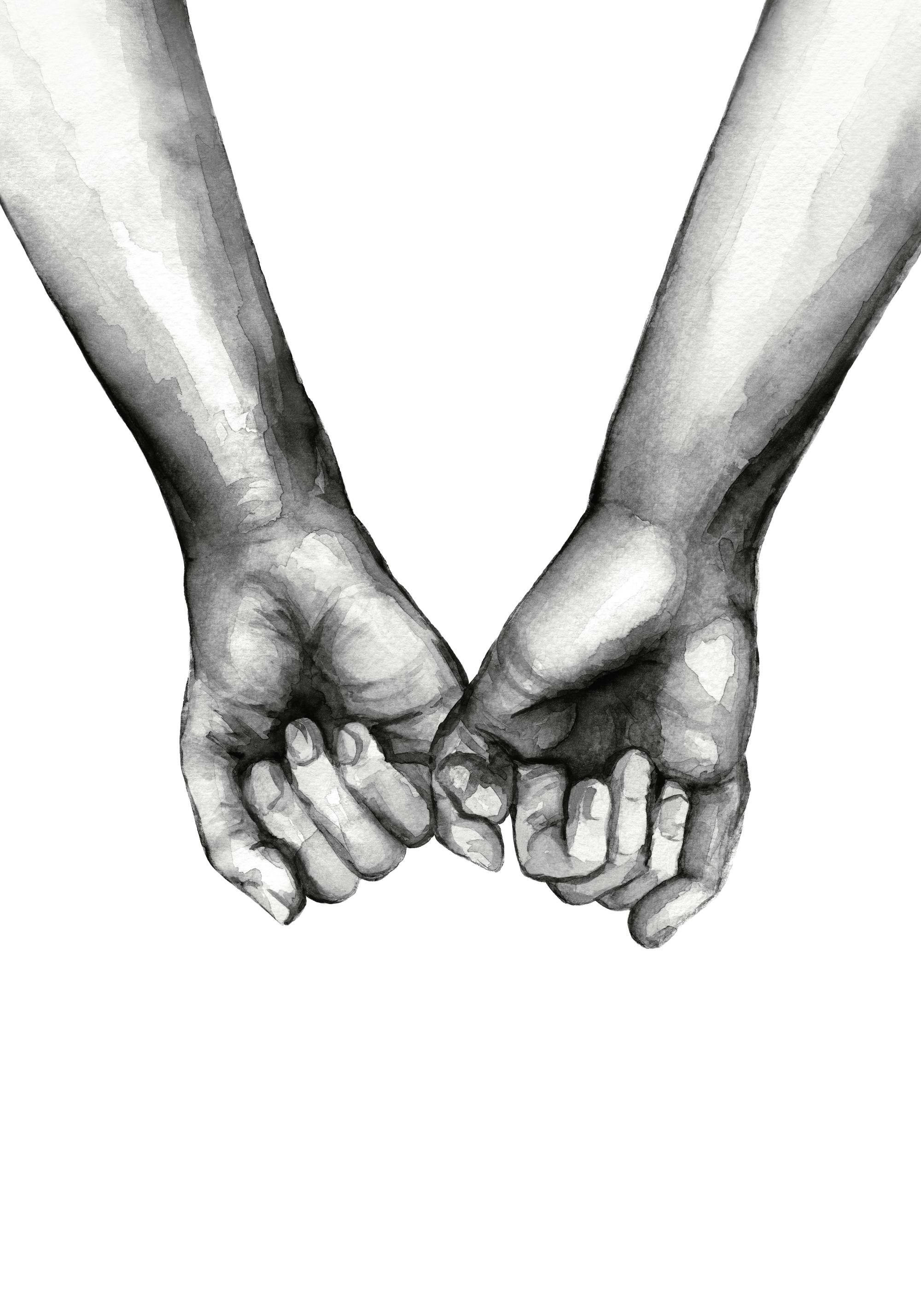 Svartvit akvarellposter av två händer som håller varandras lillfinger, symboliserar löfte och vänskap.