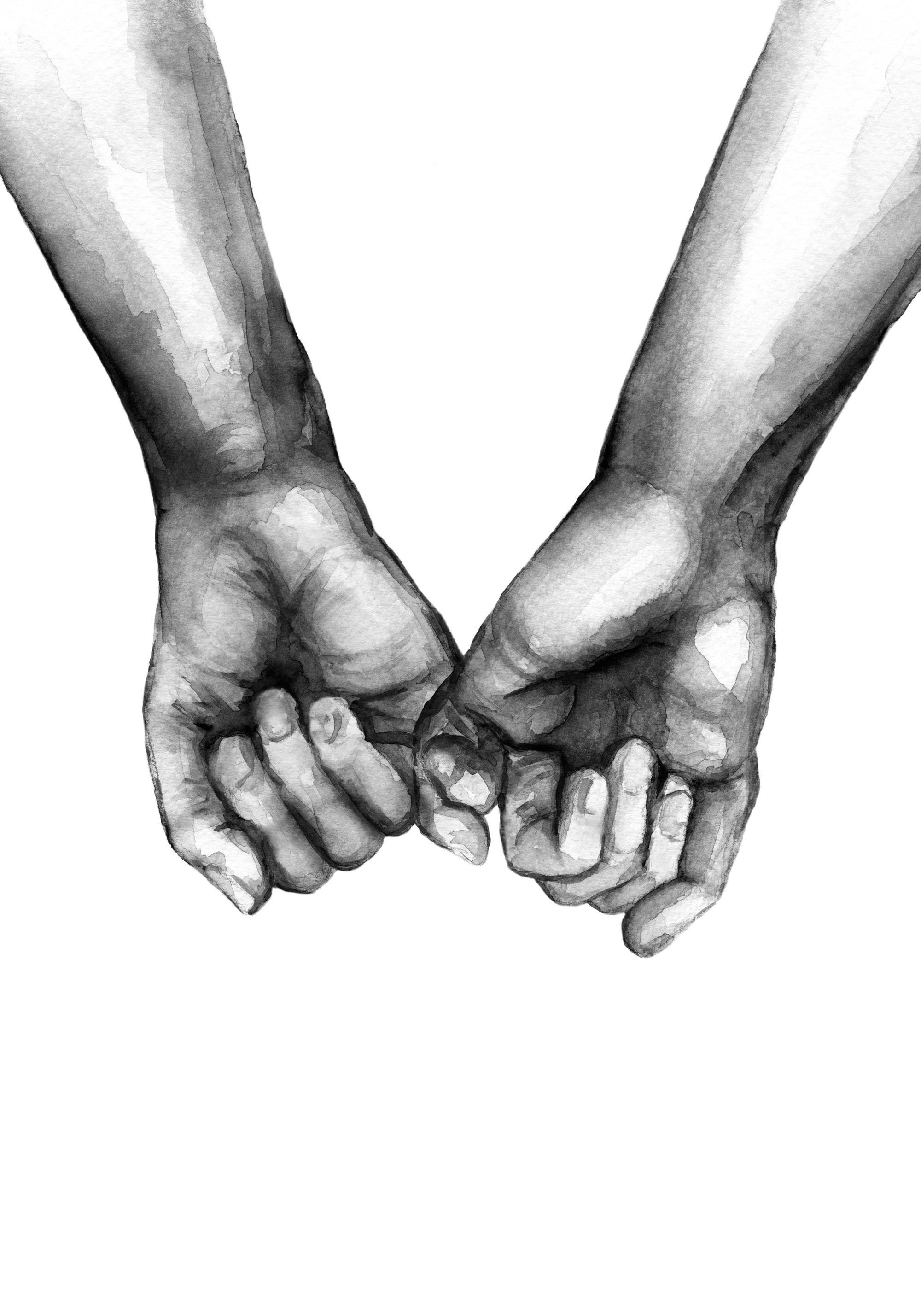 Svartvit akvarellposter av två händer som håller varandras lillfinger, symboliserar löfte och vänskap.
