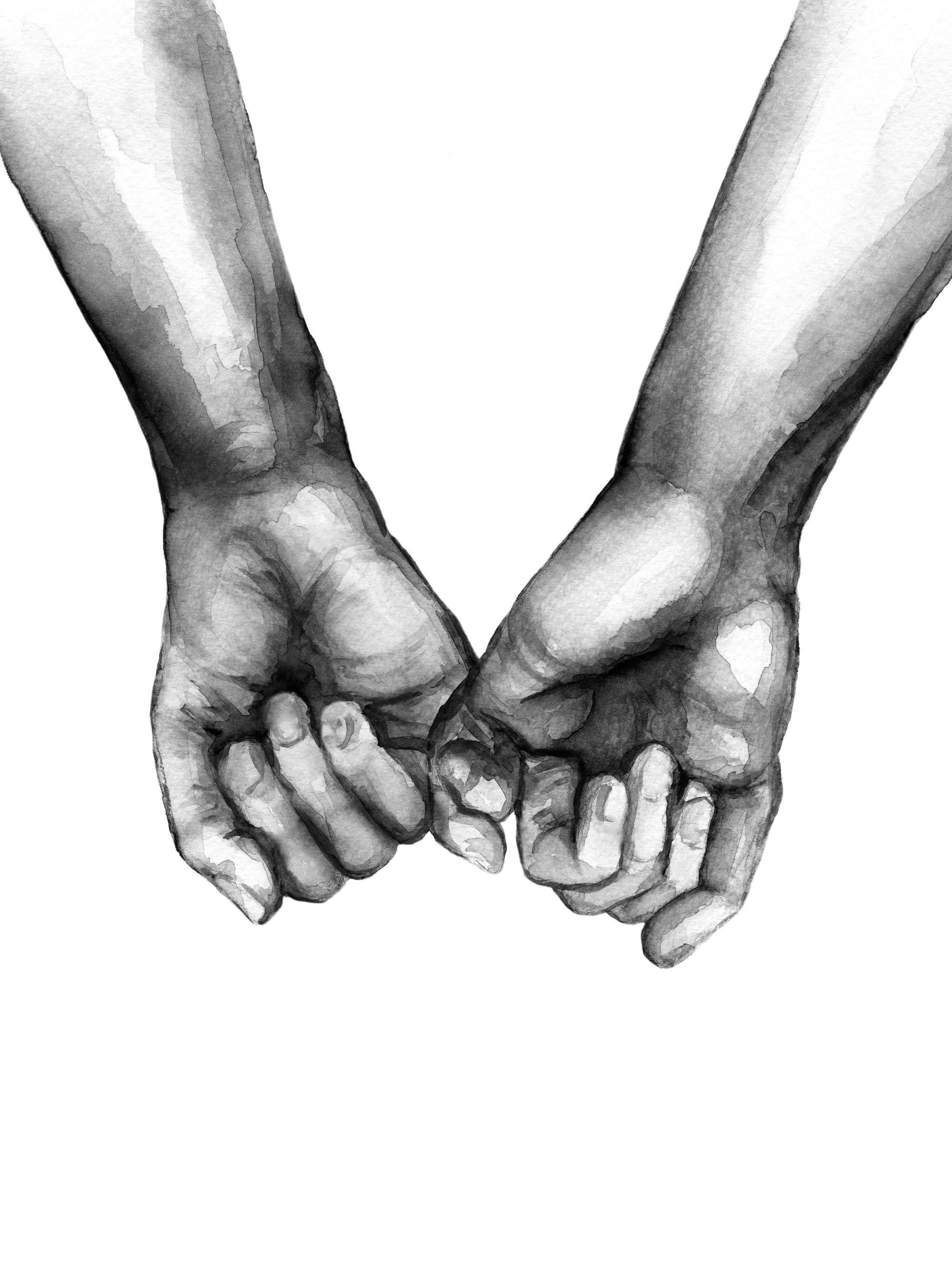 Svartvit akvarellposter av två händer som håller varandras lillfinger, symboliserar löfte och vänskap.