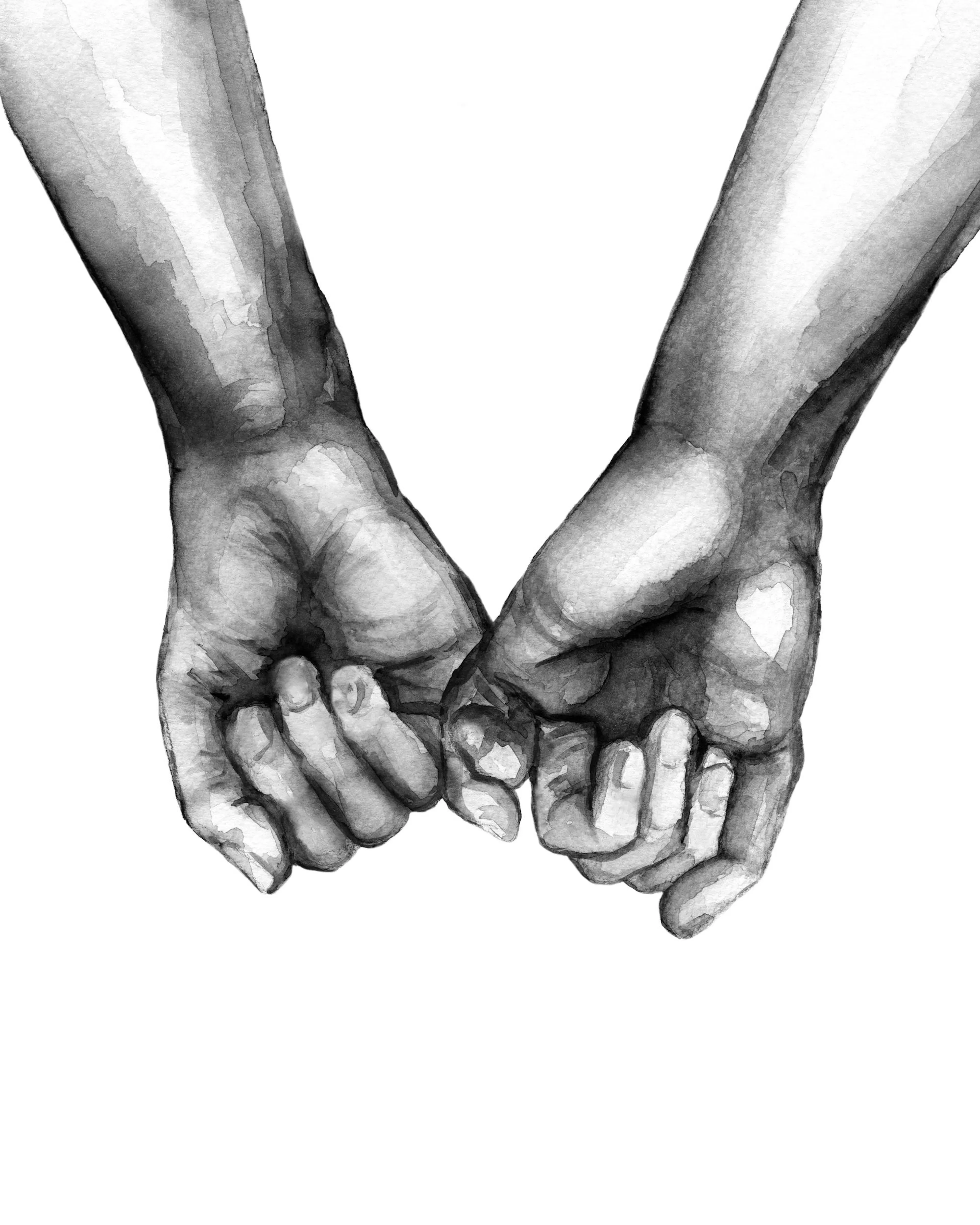 Affiche noir et blanc. Illustration aquarelle de deux mains se tenant par lauriculaire, typographie réaliste