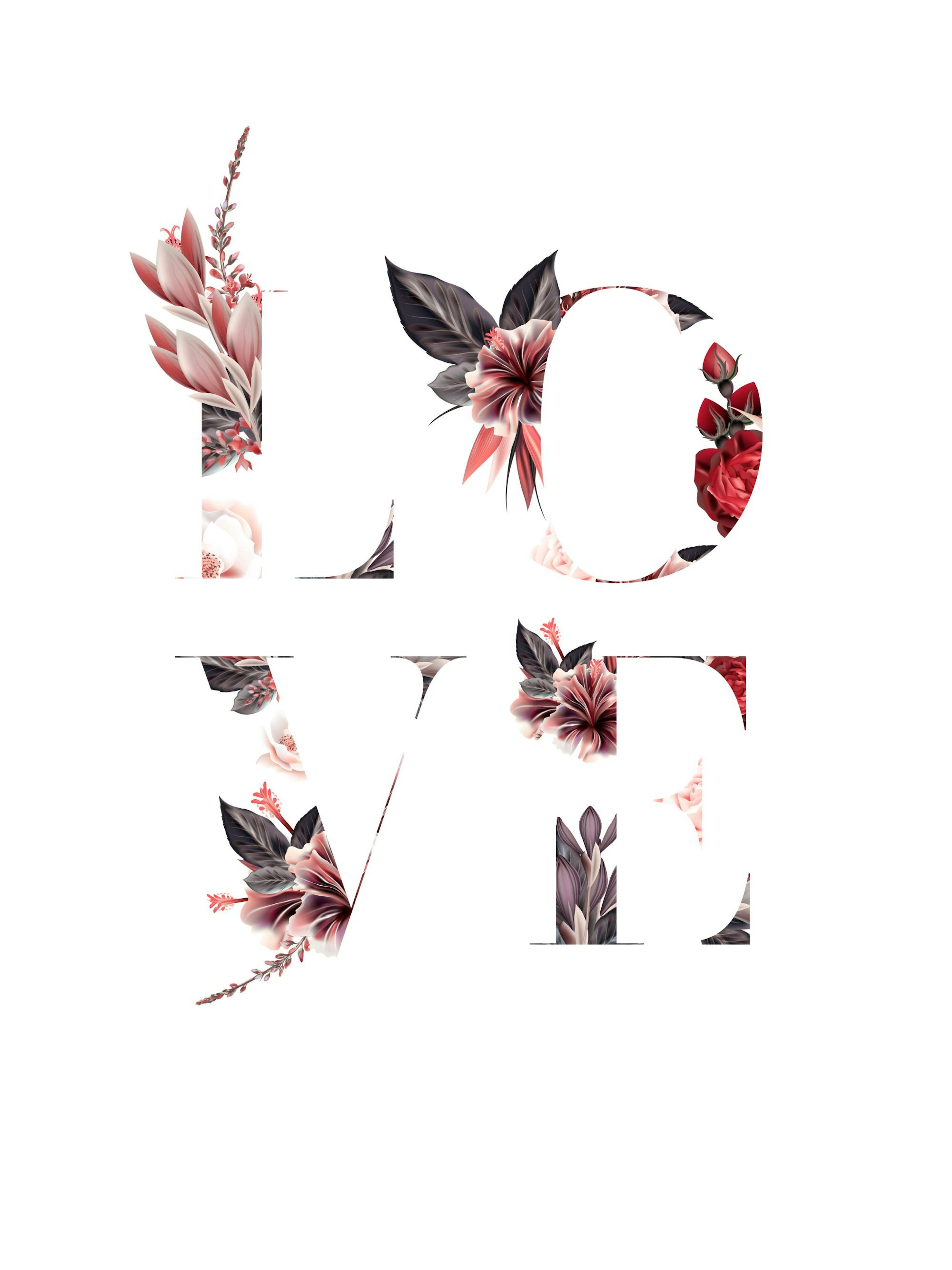 Floral Love print poster with letters formed by various colored flowers.