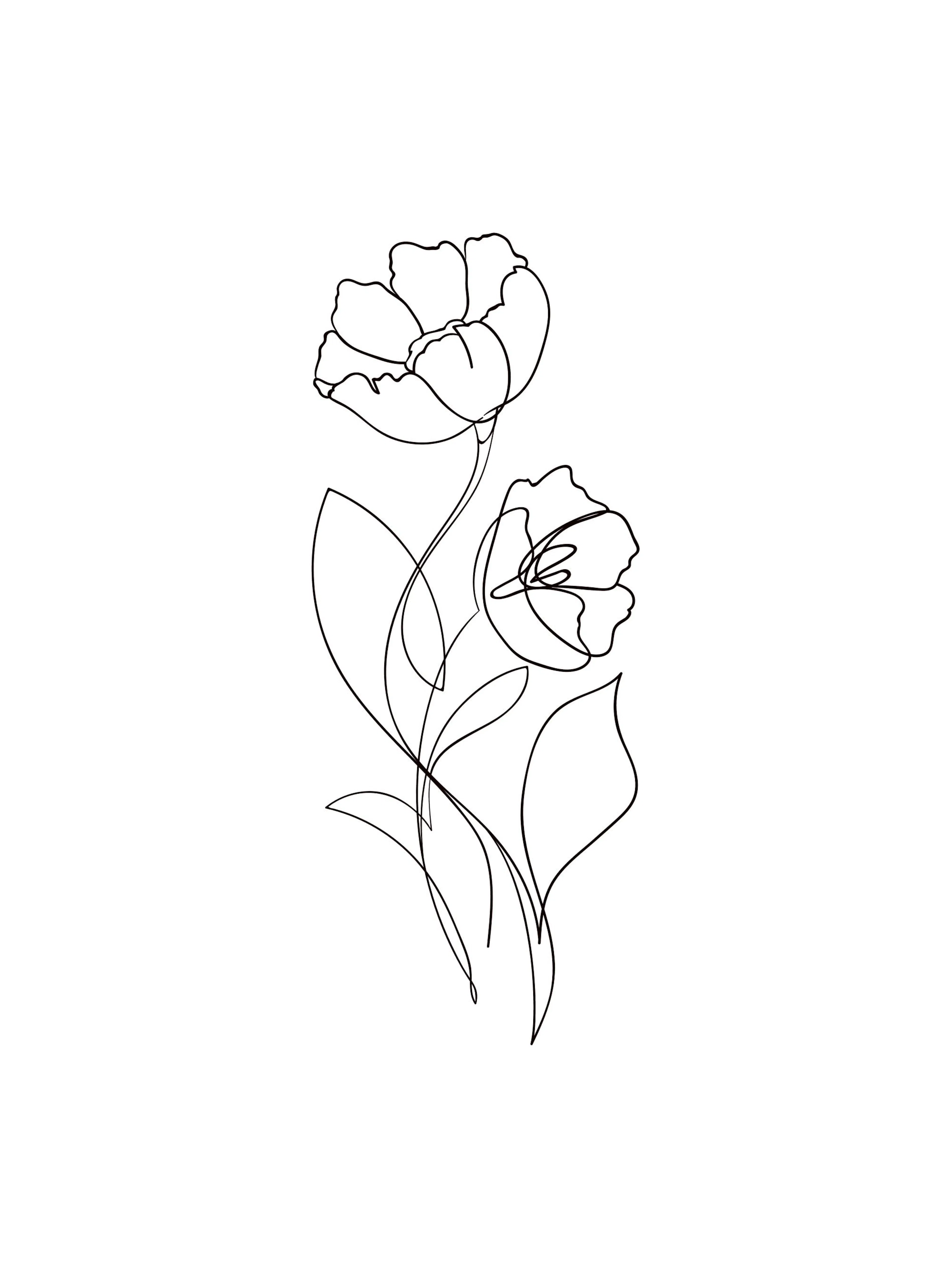 Póster de dos flores en flor con hojas, dibujo lineal minimalista en blanco y negro.