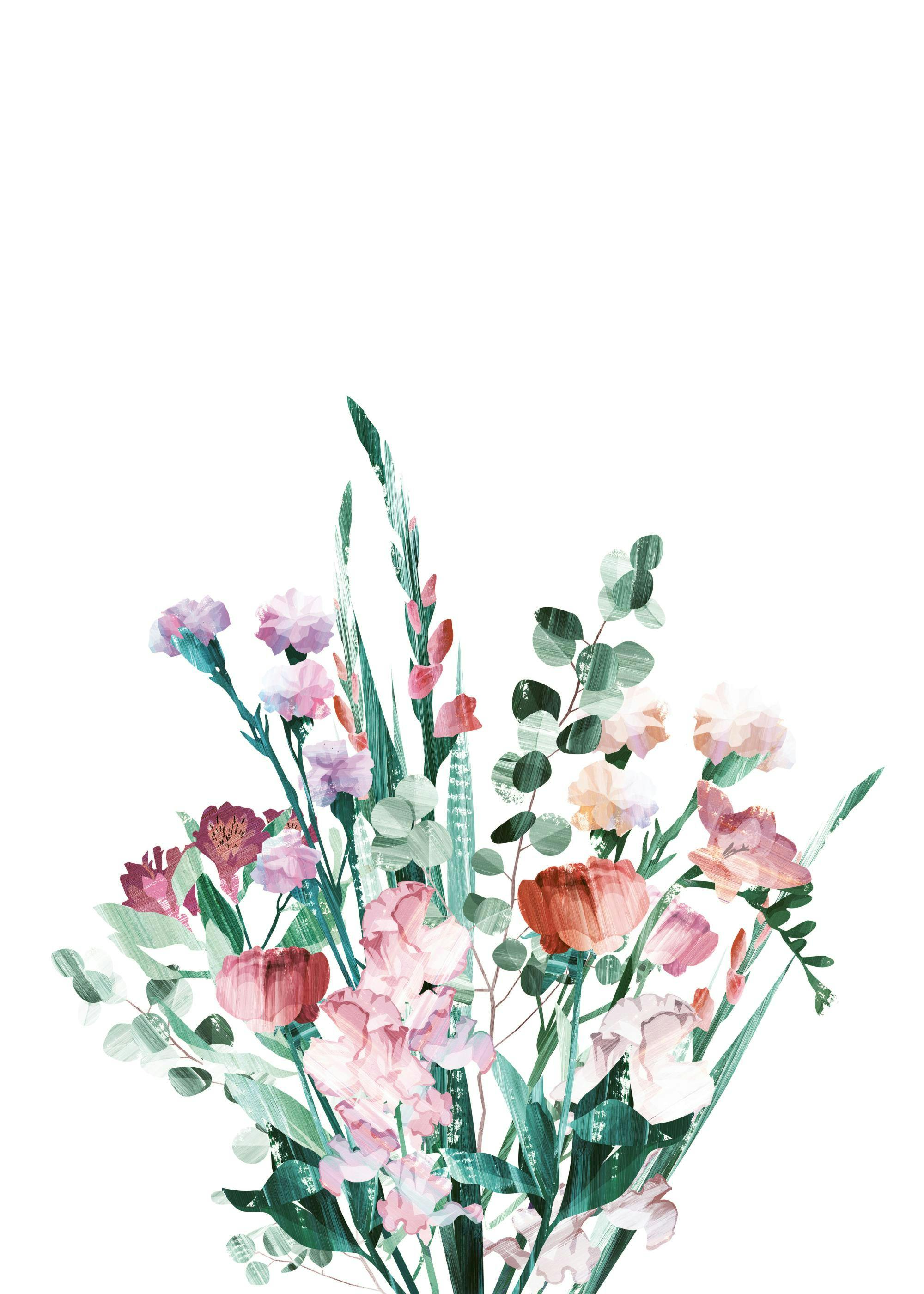 Póster de buquê gráfico com flores e folhagens em tons de rosa, roxo e verde, estilo pincelada.