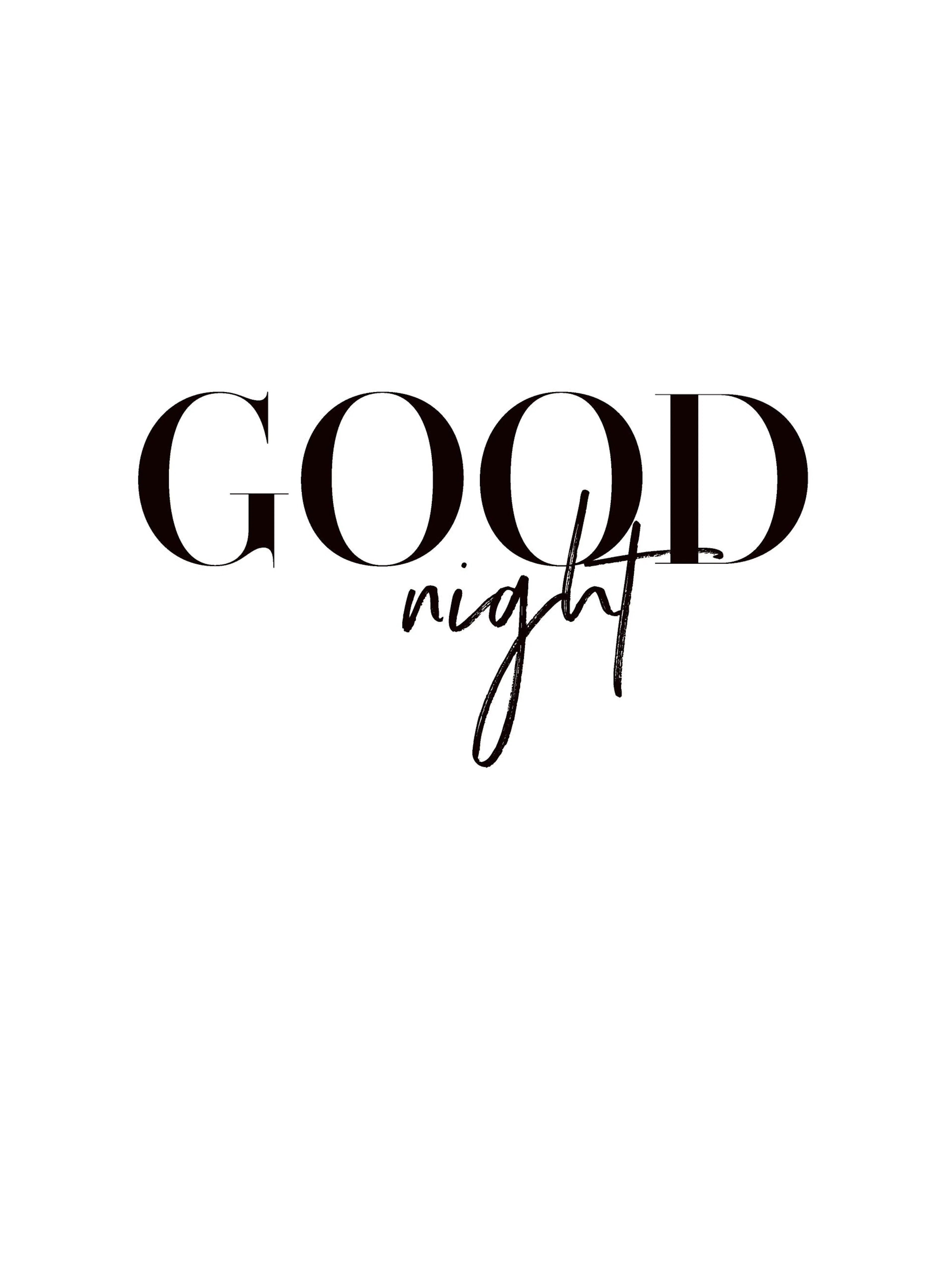 White poster with GOOD in large, bold black serif font and night in smaller, elegant script below, overlapping the D.