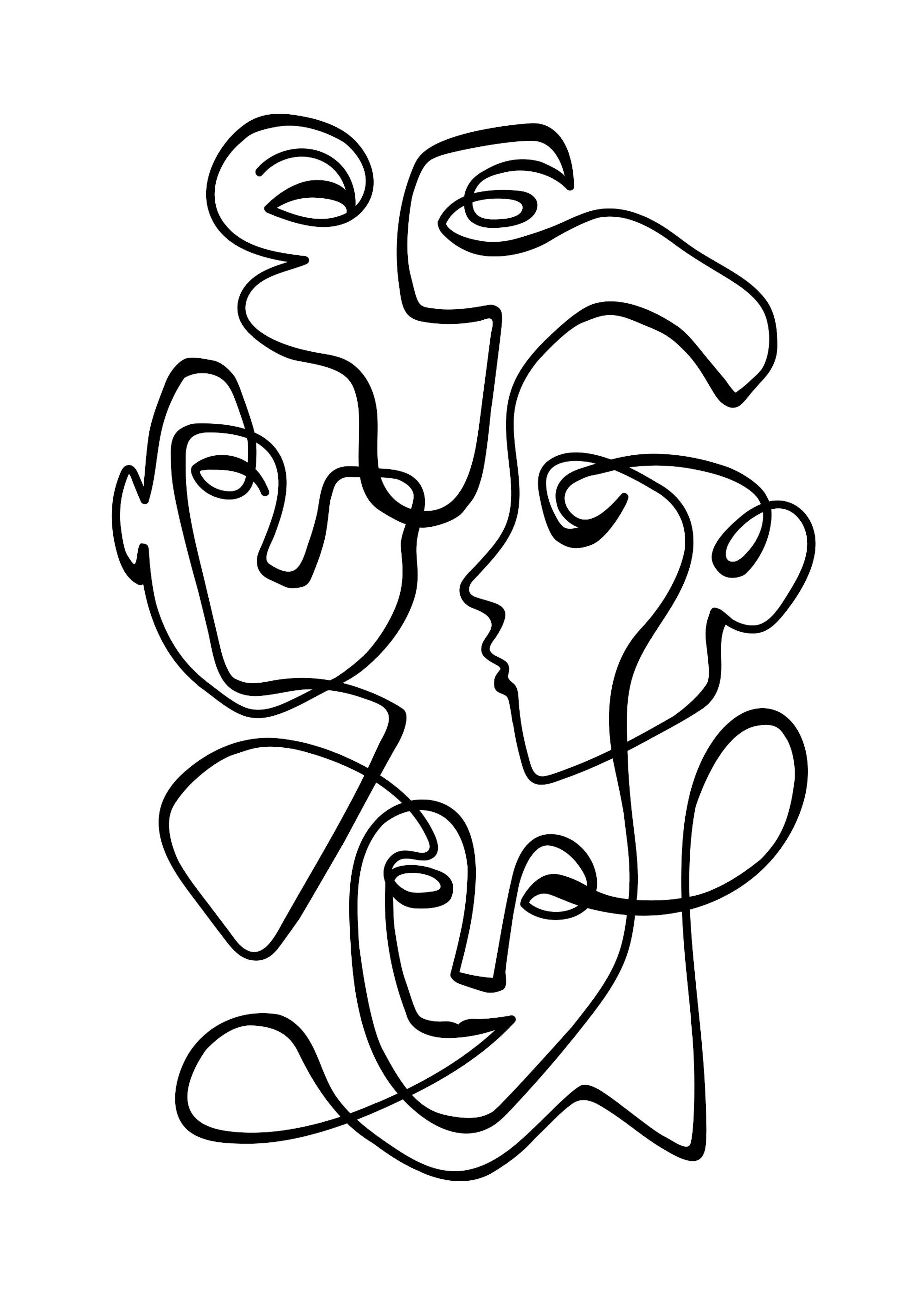 Abstract line art print featuring three faces intertwined with continuous black lines on a white background.