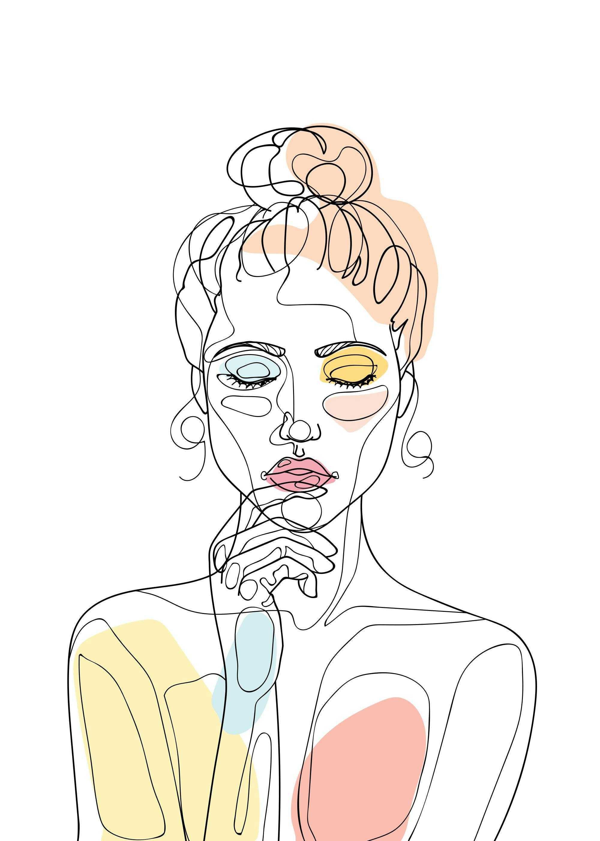 Illustration av kvinna med knut, tunna linjer och pastellfärgade fläckar. Ansikte, hår, axlar.