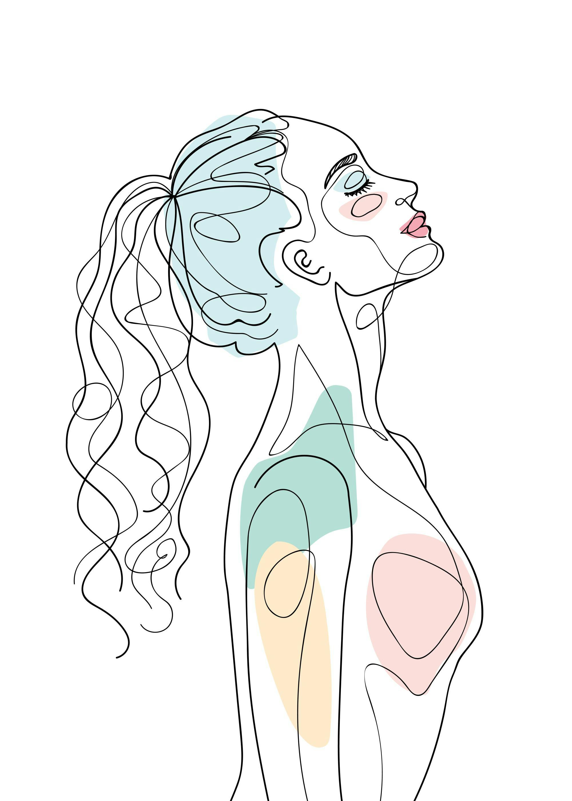 Color Splash Girl Print poster, abstract line art woman with curly hair, closed eyes, and colorful pastel shapes.