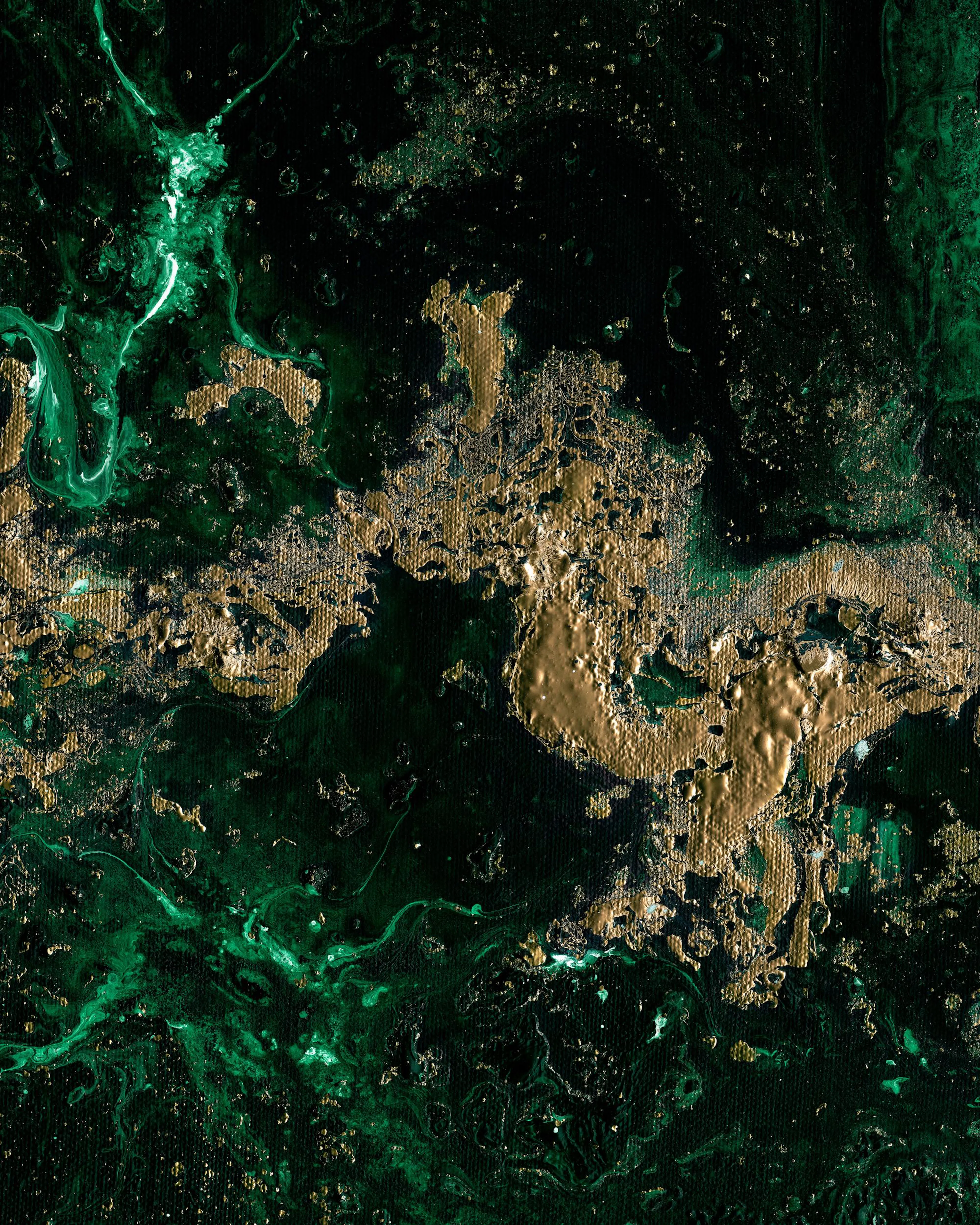 Abstract oil painting in emerald green with bold gold strokes and a visible canvas texture.