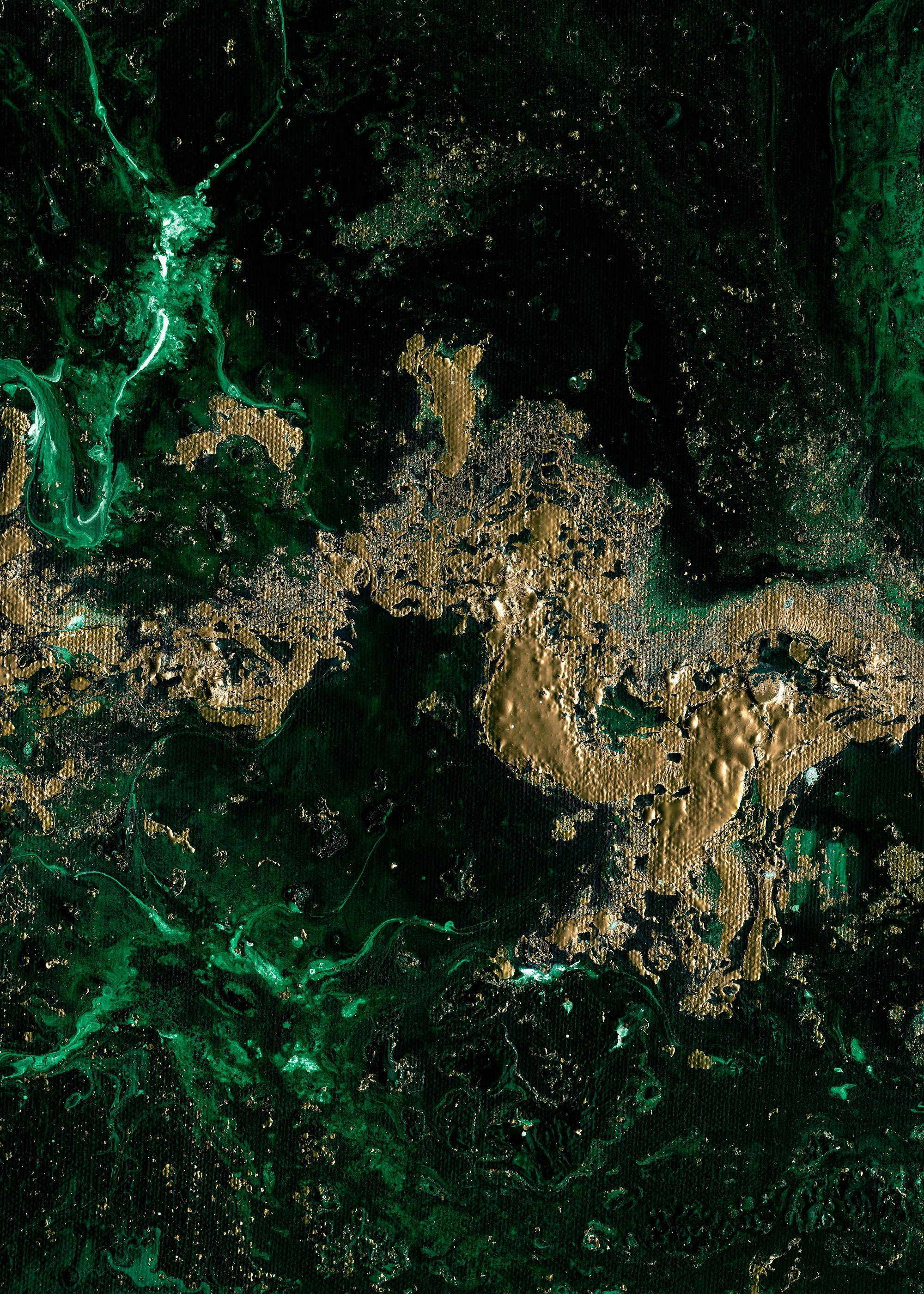 Abstract green and gold oil painting poster print with textured strokes and dark tones