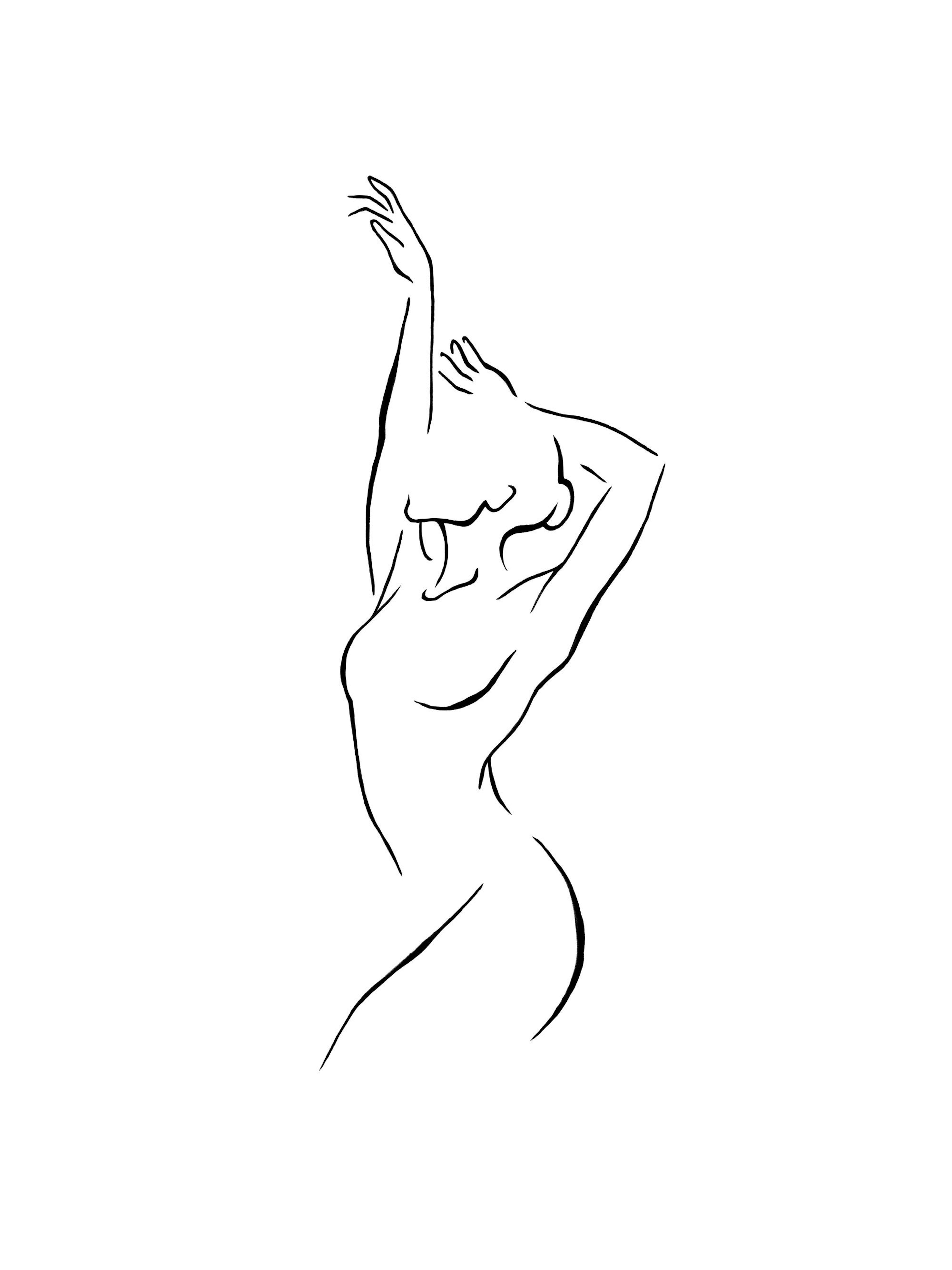 Minimalist black line art of a dancers body in motion against a white background, capturing grace.