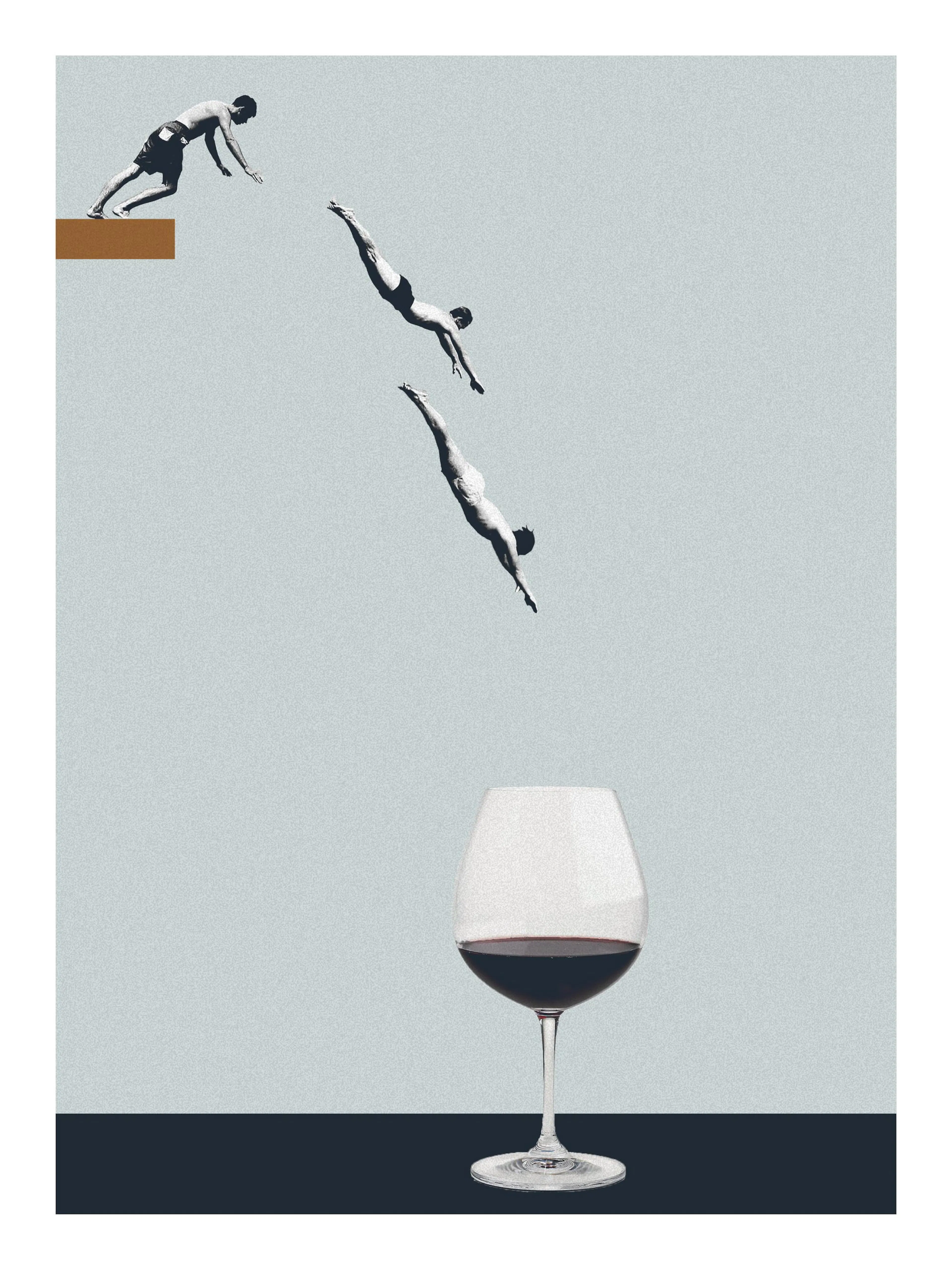 Art print of three divers jumping into a large glass of red wine, on a light blue background. Poster art.