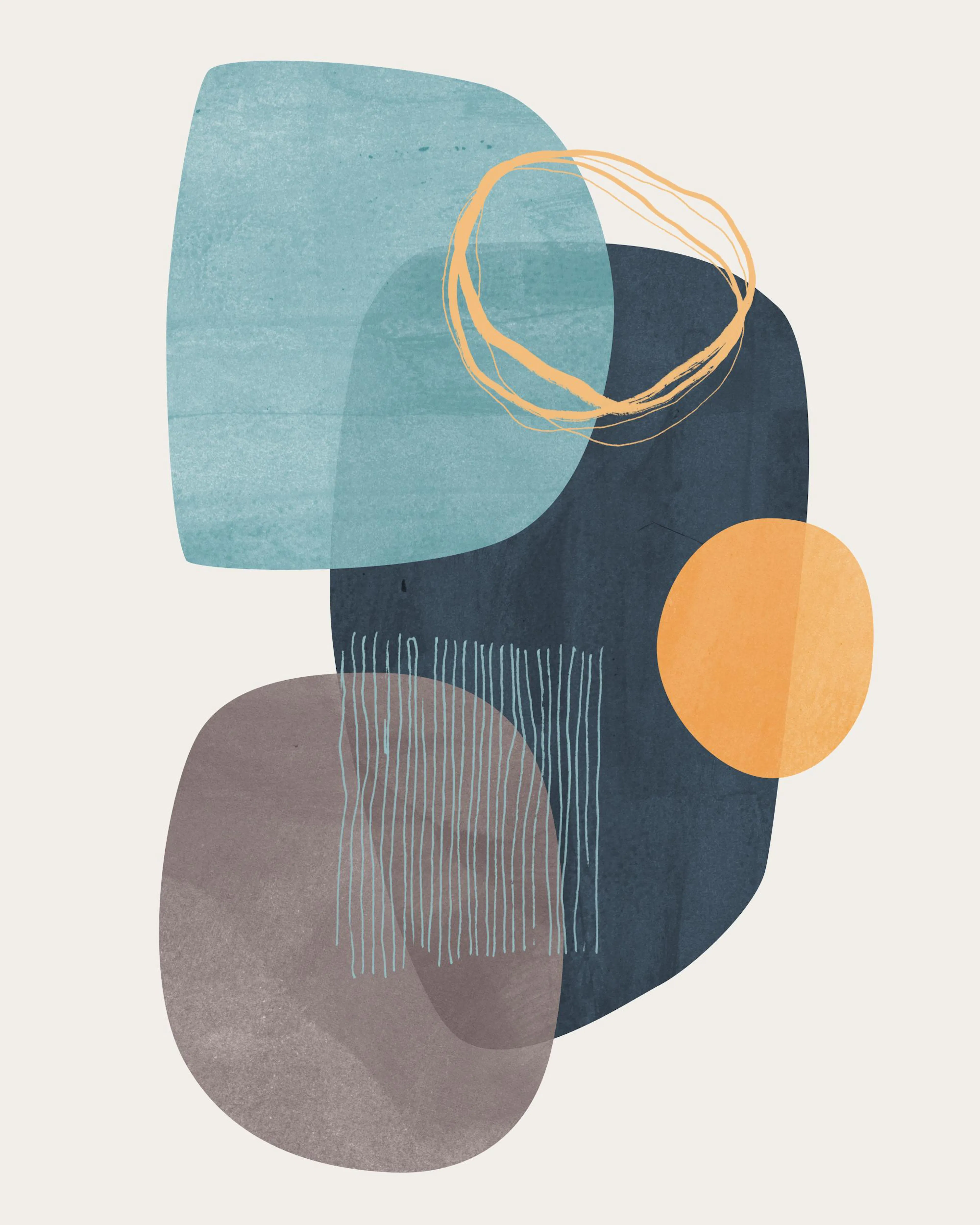 Tracie Andrews Cyra Print: Abstract graphic art poster with blue, orange, and brown organic shapes on a beige background.