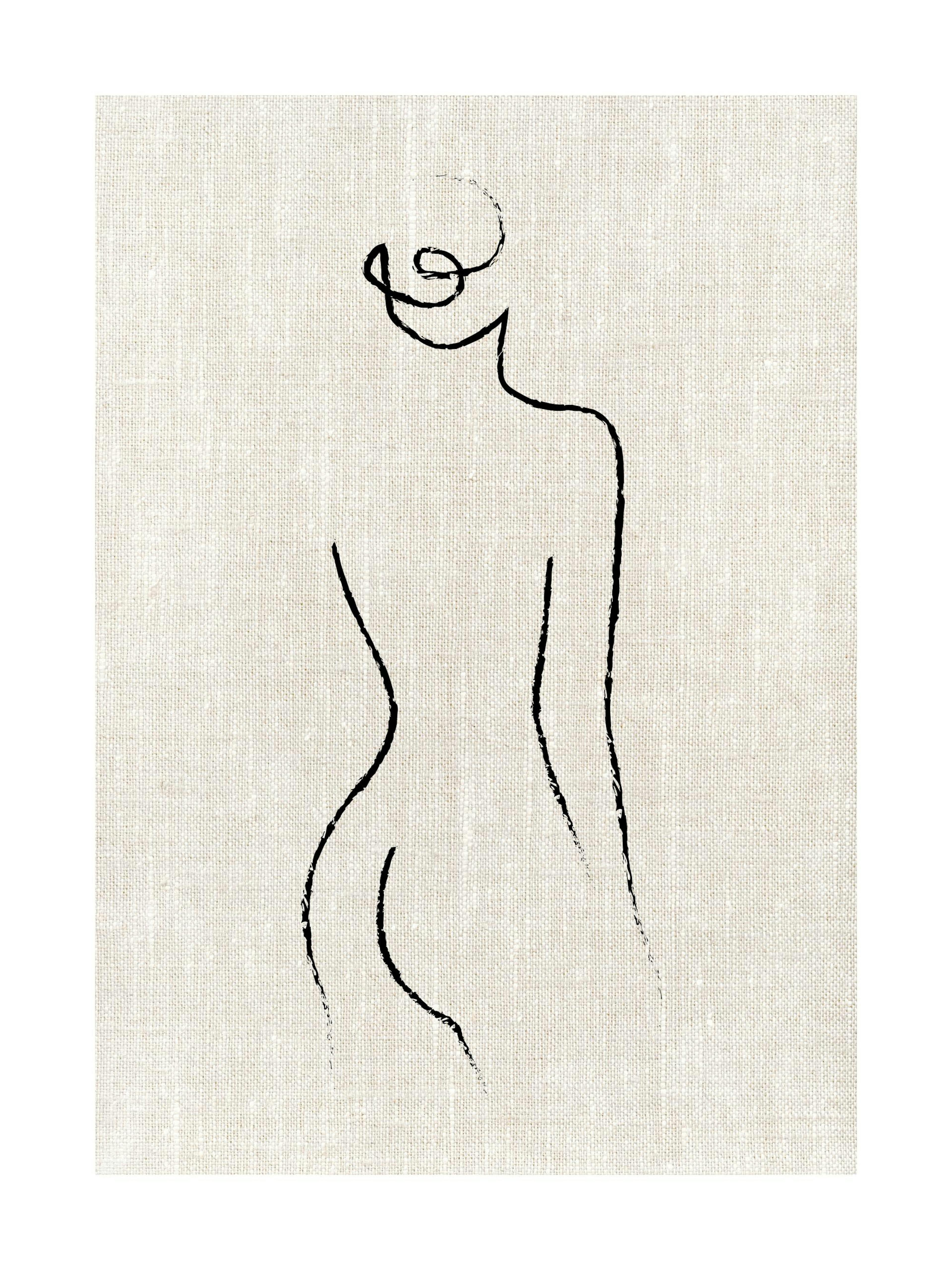 Póster de línea, figura femenina abstracta en negro sobre textura de tela beige, arte moderno de silueta.