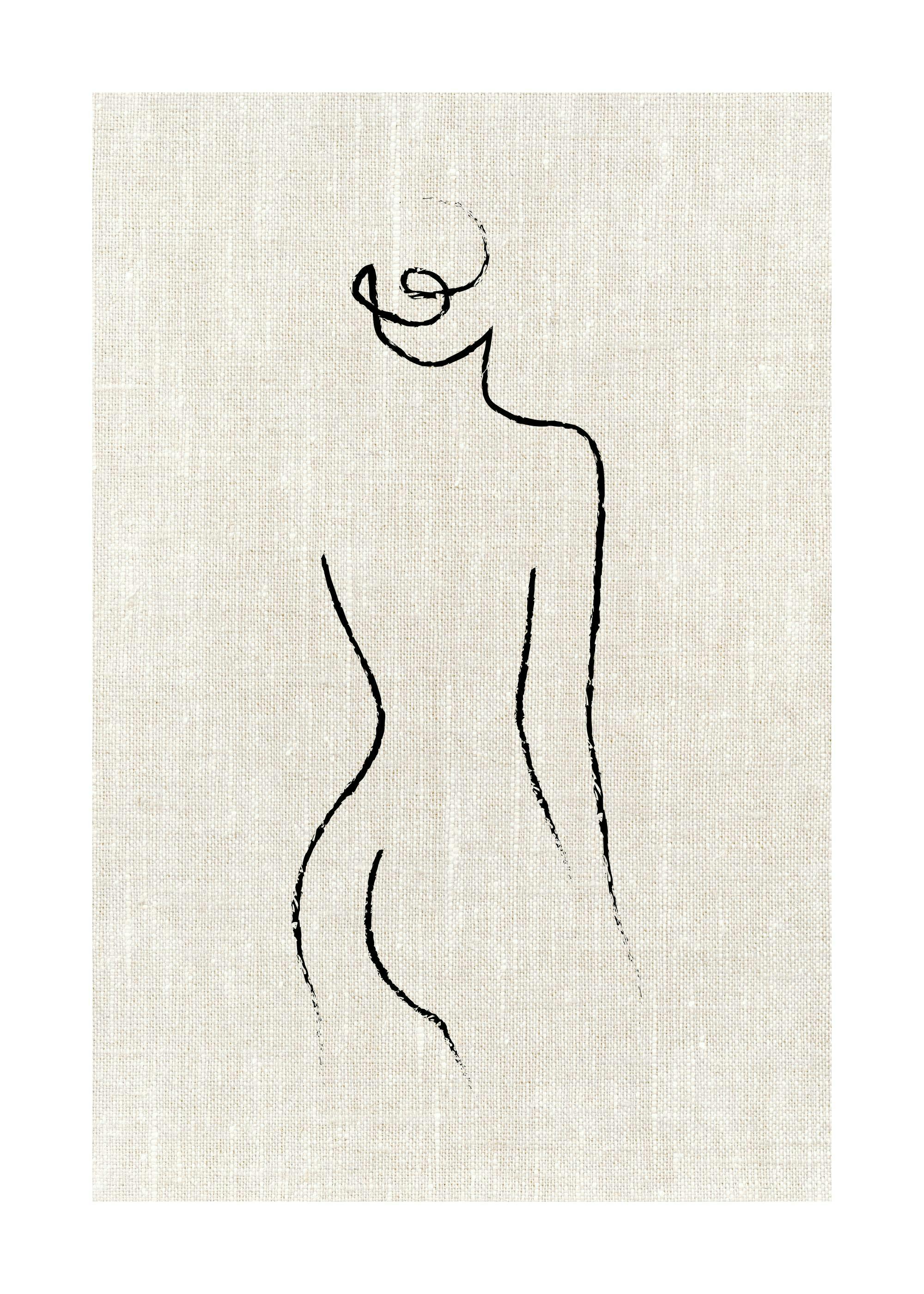 Minimalist line art of a female silhouette on a textured beige background, capturing the elegance of the human form.