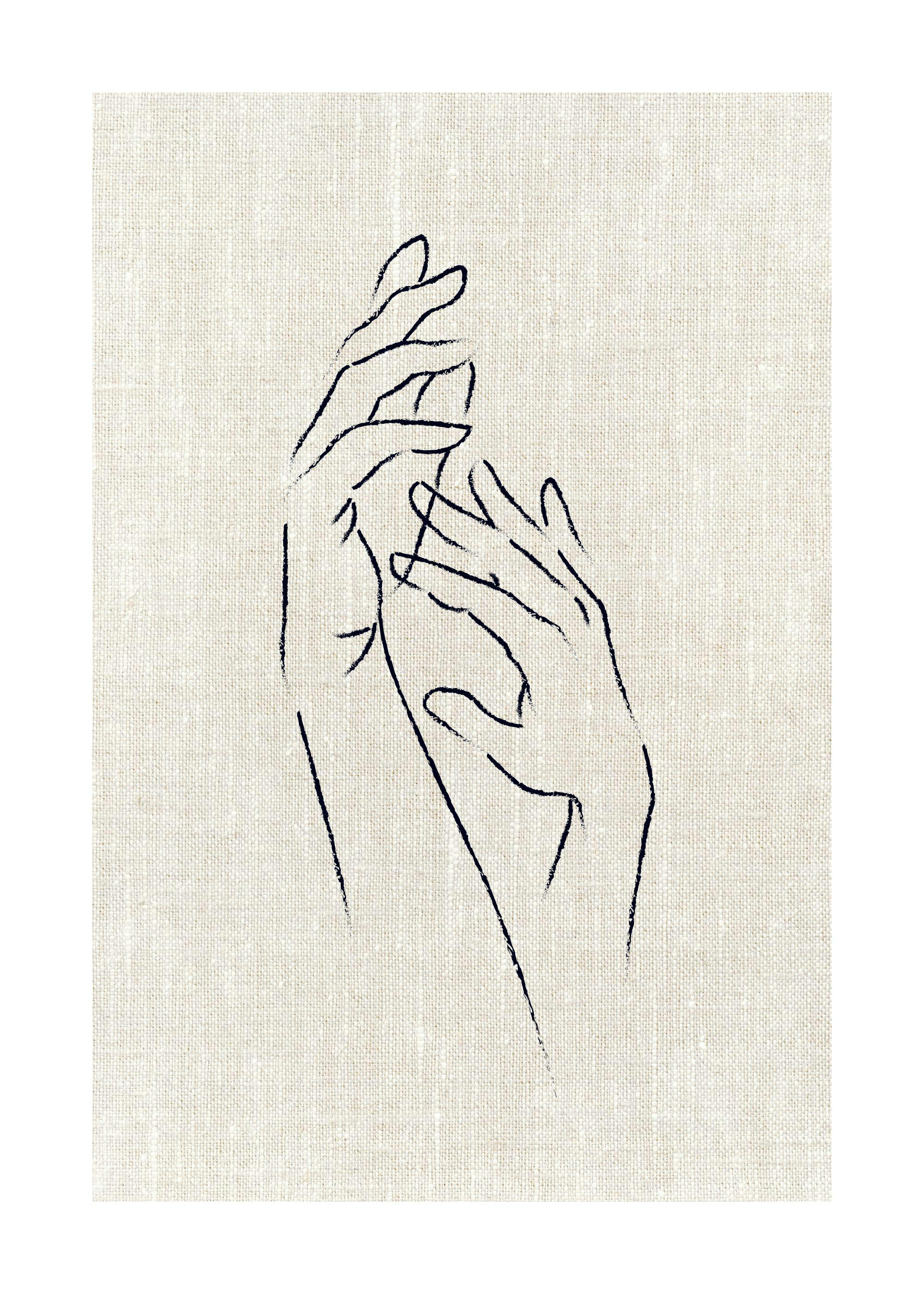Poster met abstracte lijntekening van twee handen op een beige achtergrond met textuur, minimalistische kunst voor interieur
