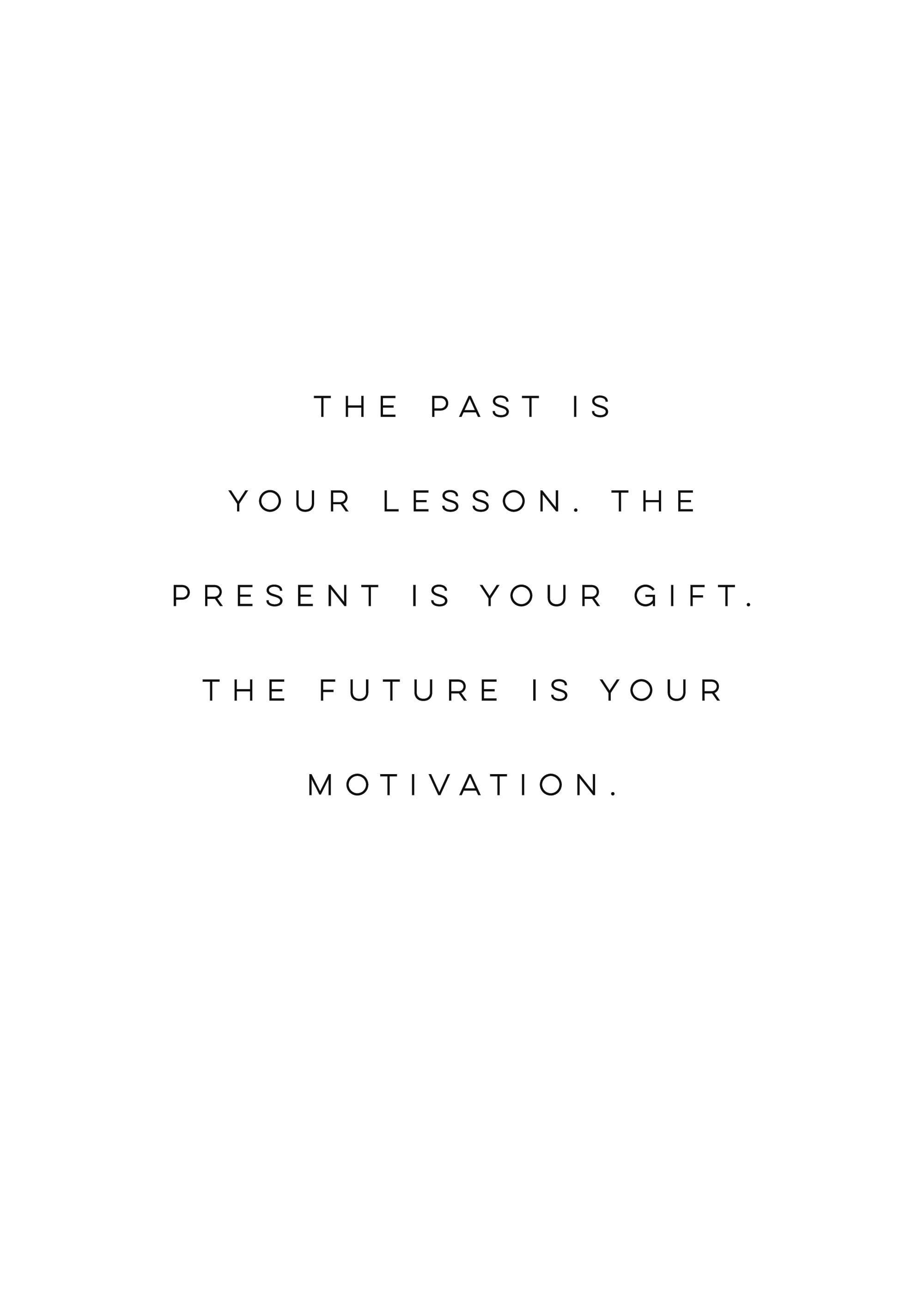 Plakat motywacyjny z cytatem The past is your lesson. The present is your gift. The future is your motivation. na białym tle.