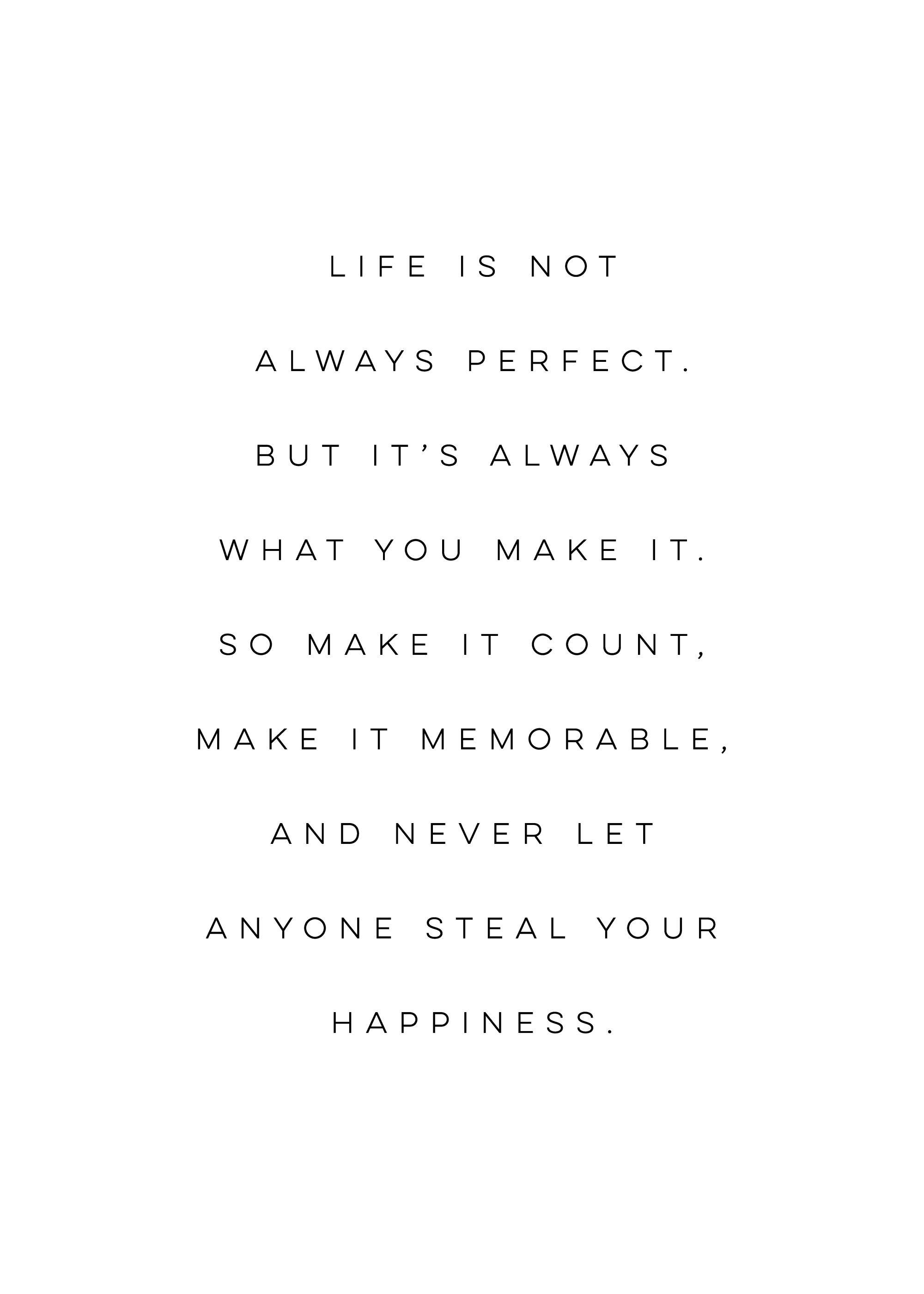 Minimalist black and white text poster with inspiring quote, Life is not always perfect... make it count.