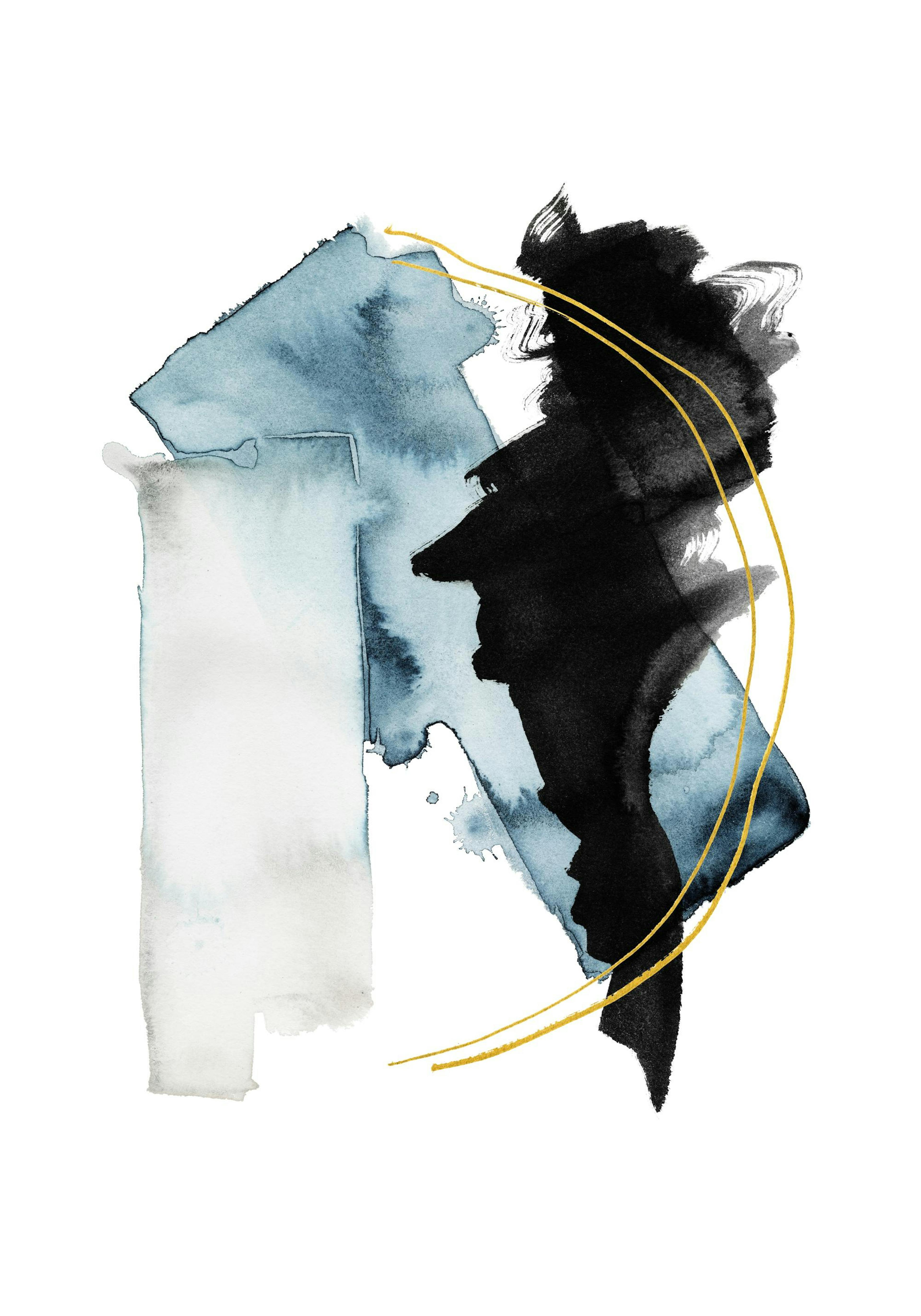 A print with blue and black abstract shapes and gold lines, hanging above a dark blue cabinet in a room.