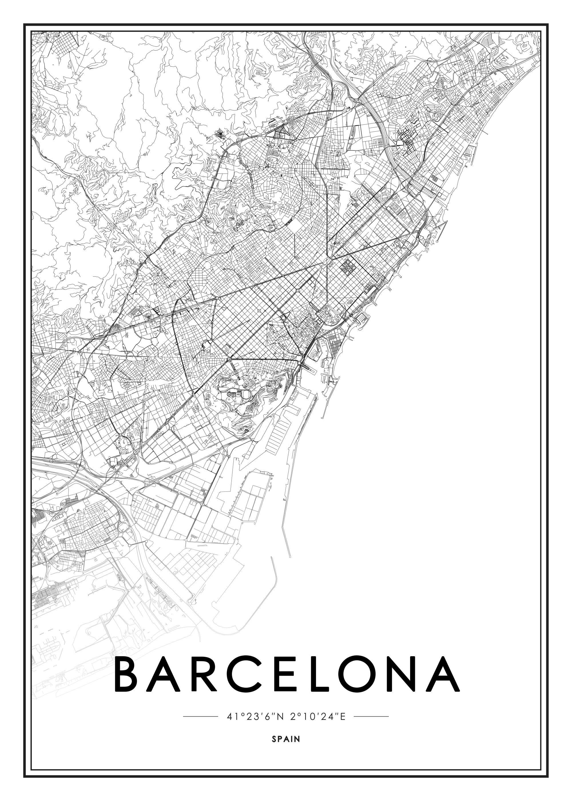 Affiche de Barcelone, carte monochrome de la ville avec le nom de la ville en bas et ses coordonnées