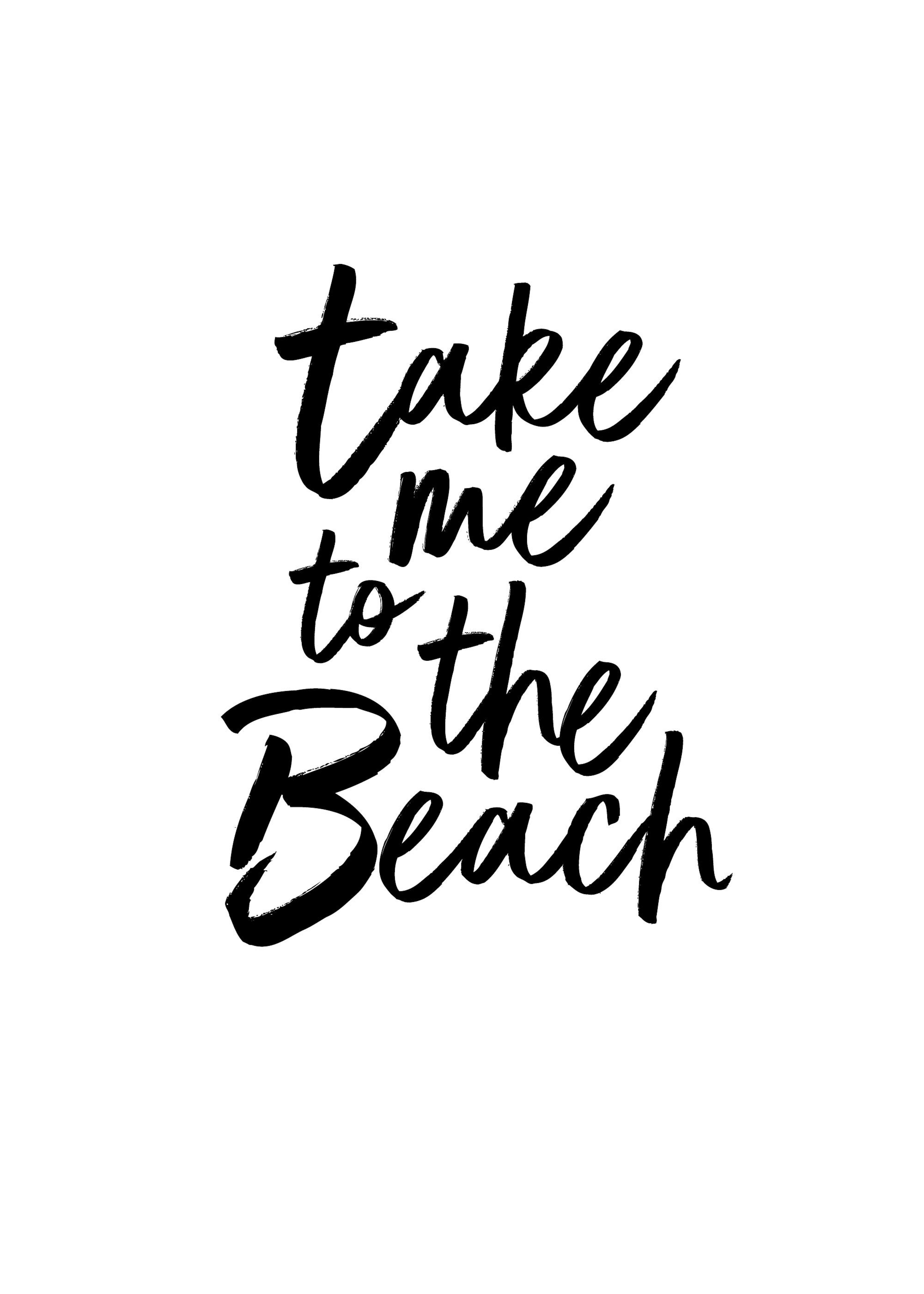 Poster mit schwarzem Schriftzug take me to the Beach an Gitterwand, links ein Schreibtisch und rechts ein Stuhl.