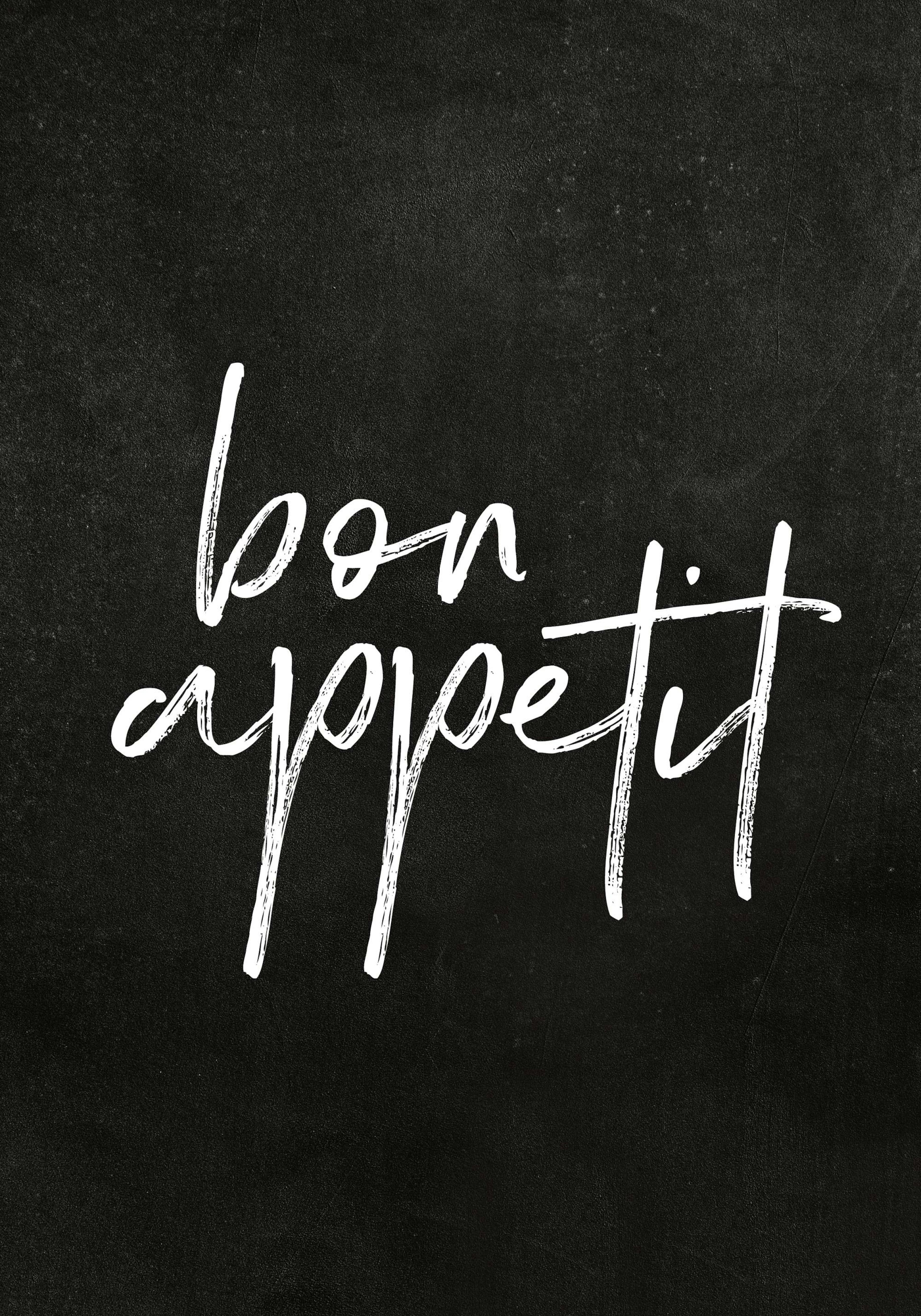 Bon Appetit black and white typography print poster with elegant script lettering