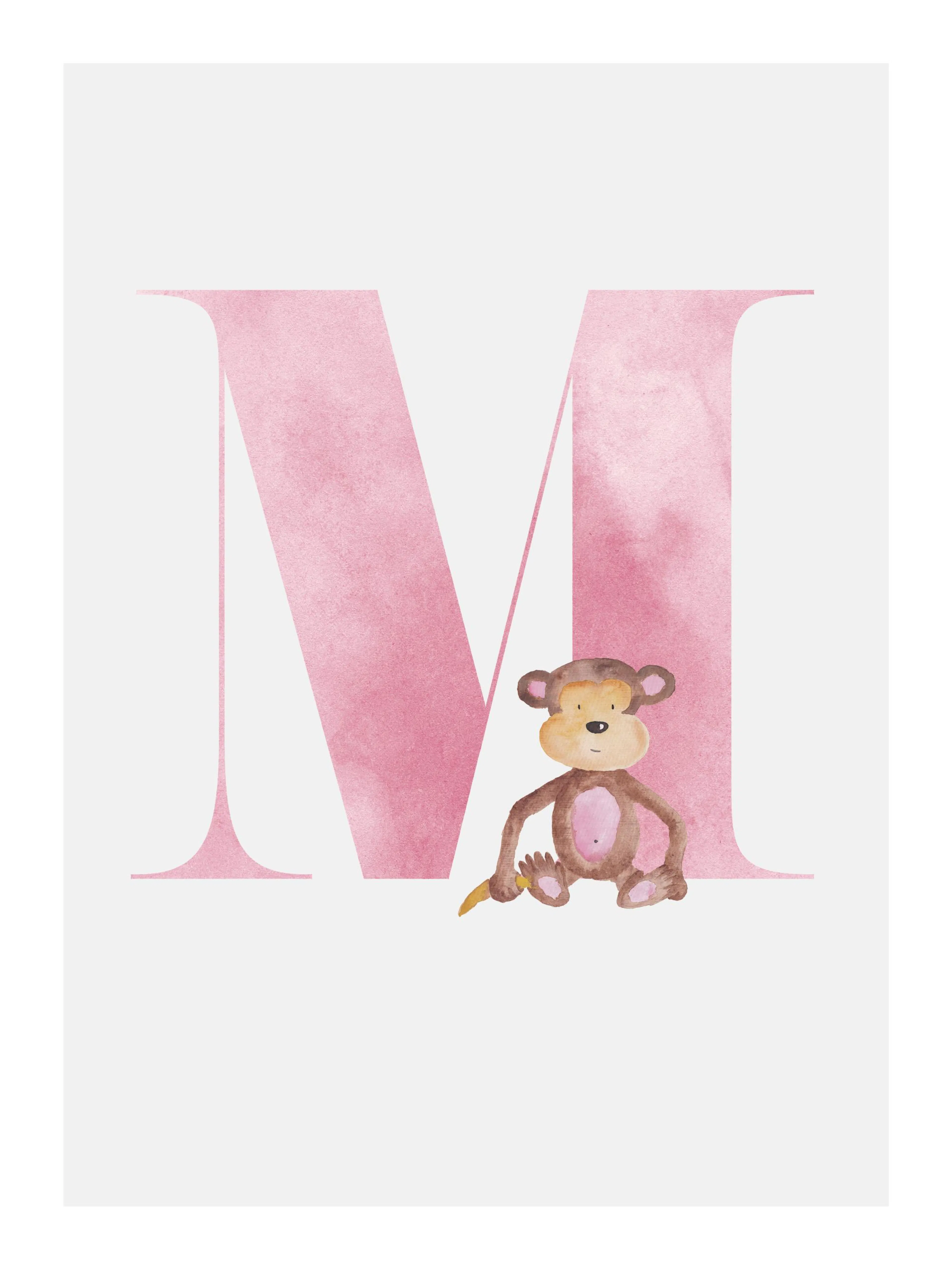 Aquarell-Alphabet M Poster mit rosa Buchstabe M und einem braunen Affenbaby mit Banane, Kinderzimmerdeko.