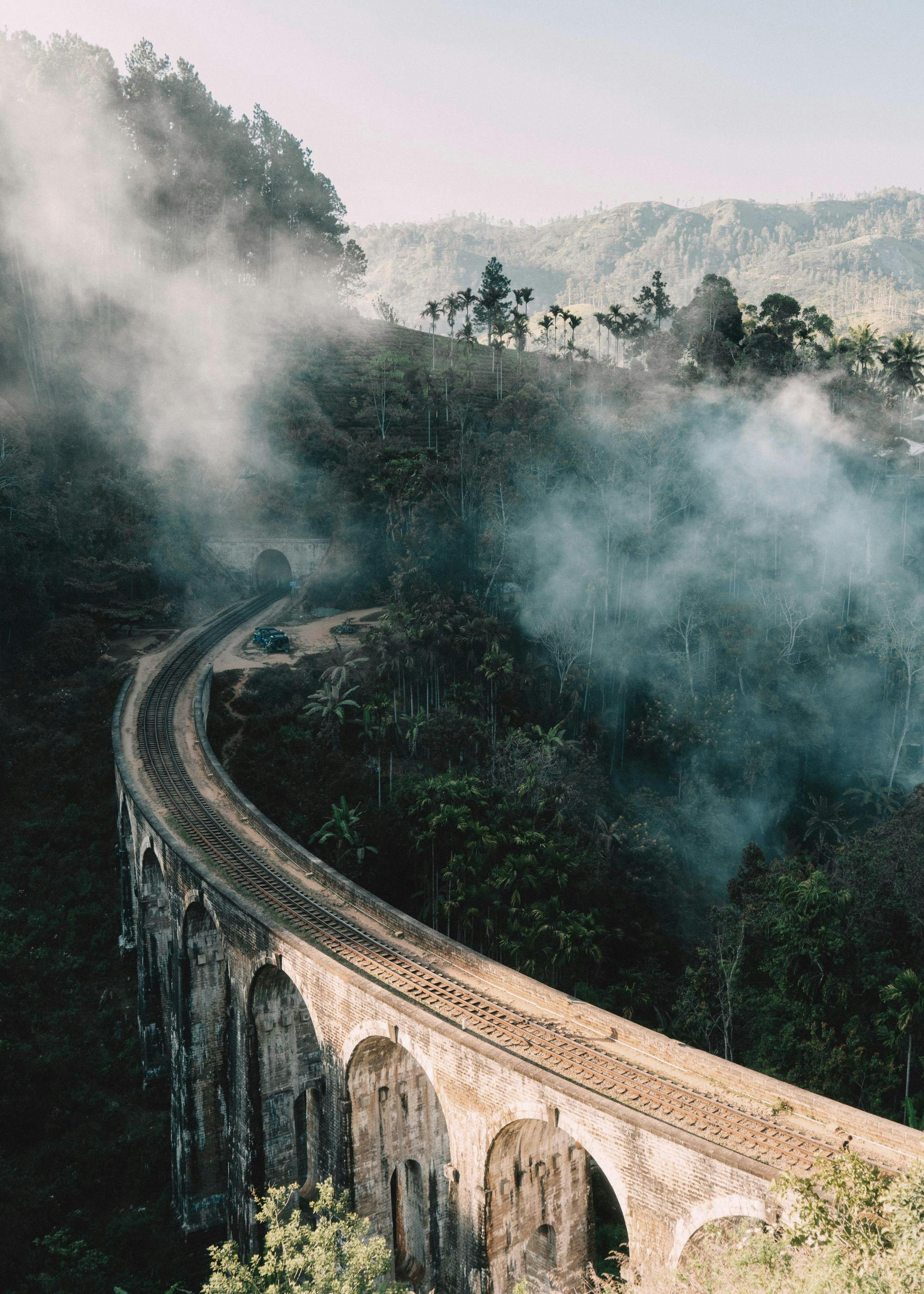 Fotografi af Nine Arch Bridge i Sri Lanka, omgivet af tåge og frodige grønne træer. Naturplakat med bro og skov.
