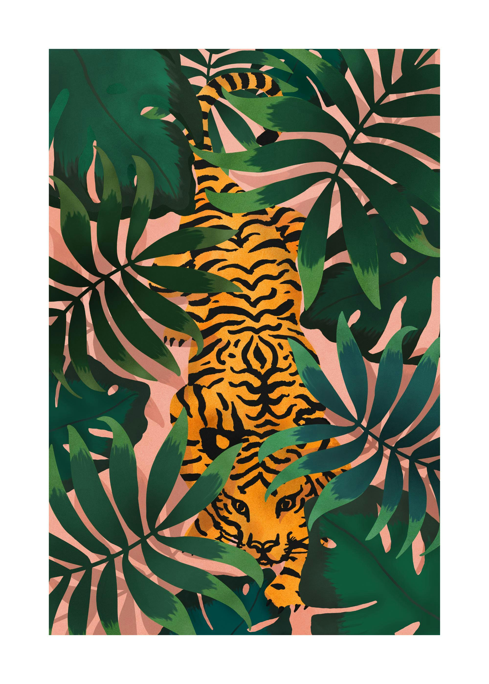 Poster con tigre arancione e nera tra foglie tropicali verdi su sfondo rosa, stile giungla.
