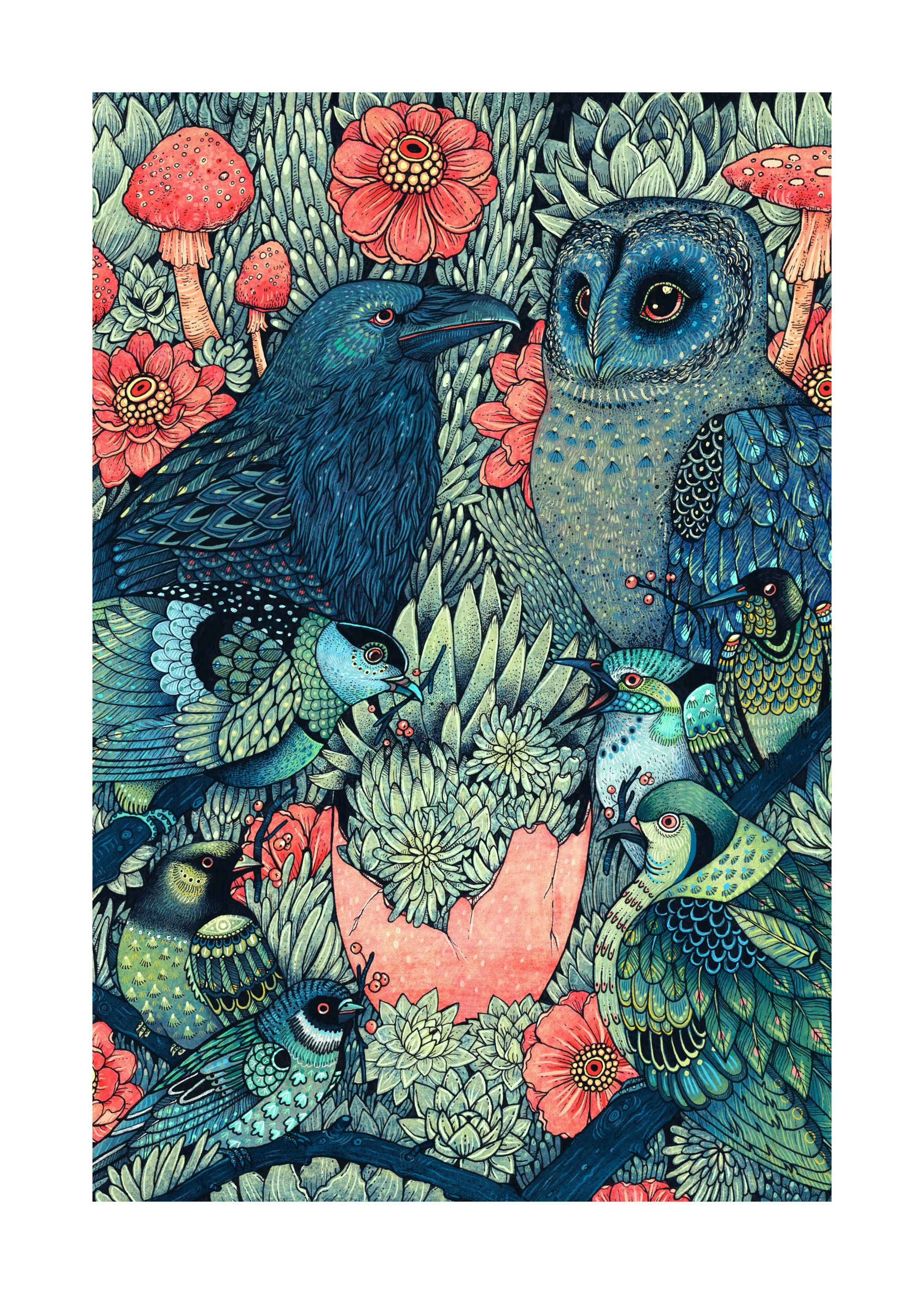 Detailreiches Poster mit verschiedenen Vögeln und Blumen, darunter ein Rabe und eine Eule, im Wald.