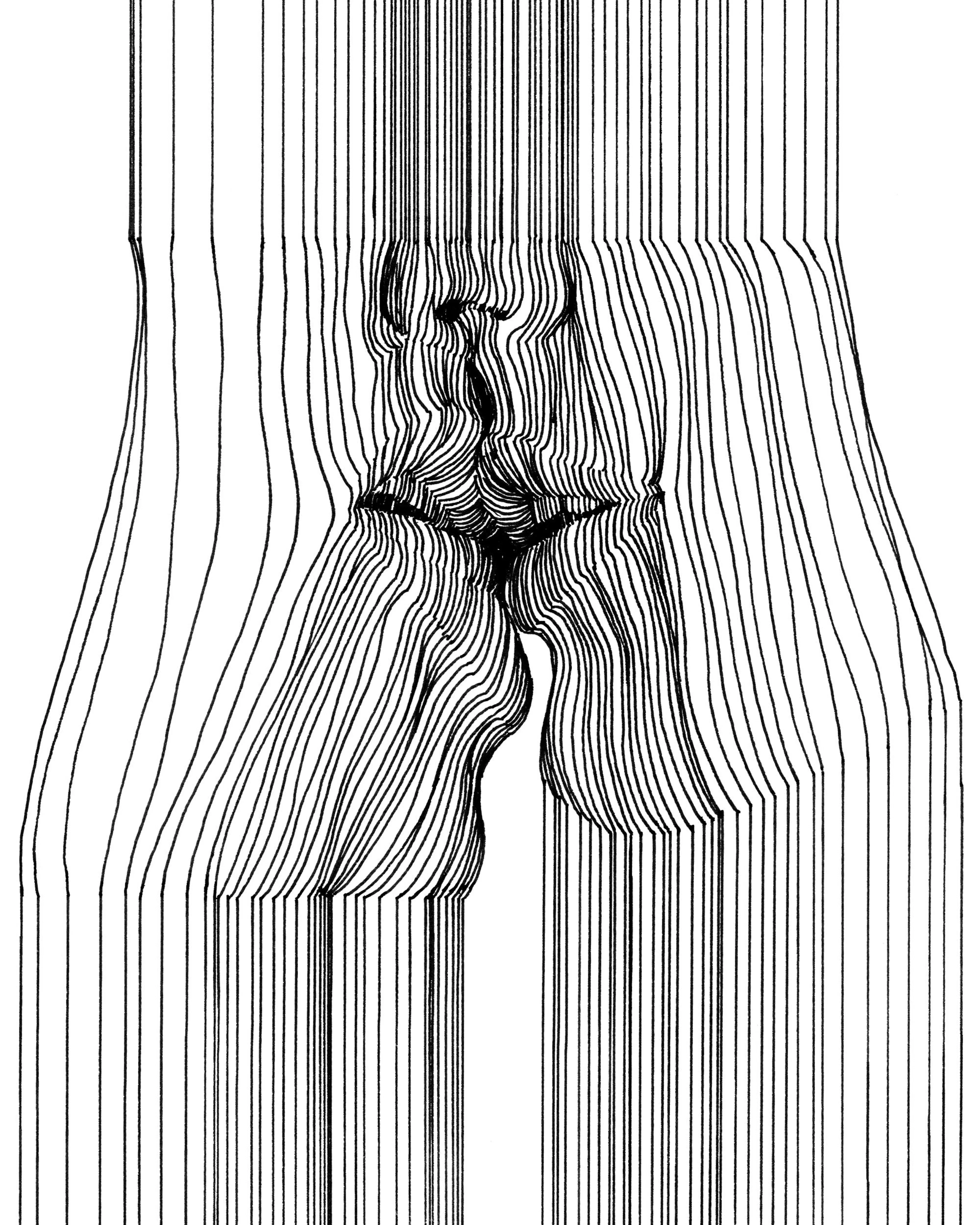 Póster de dos personas besándose con líneas negras a mano alzada sobre fondo blanco, creando un efecto visual de fluidez.