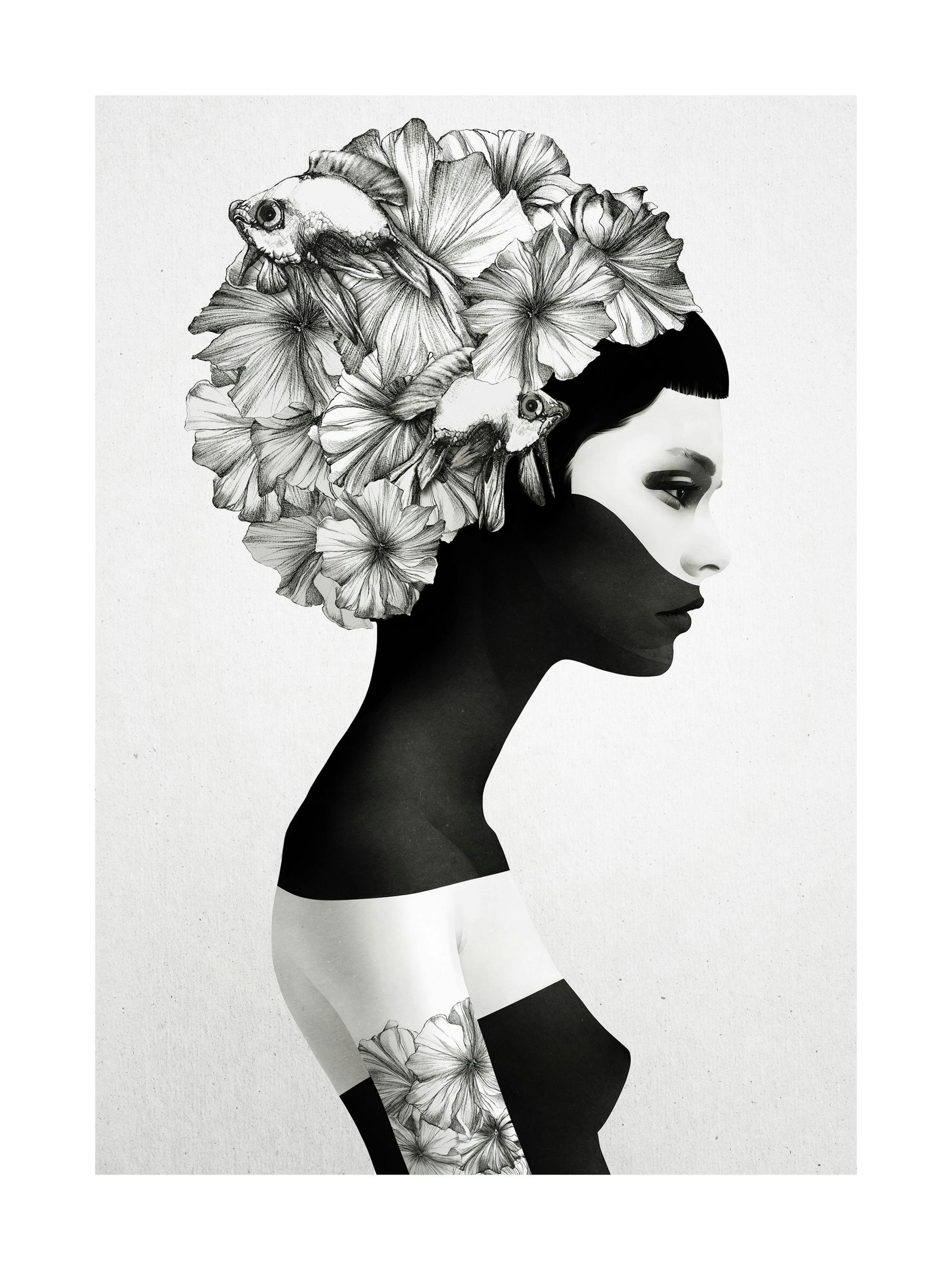 Black and white print of a woman with body paint, flowers, and fish in her hair. Unique poster design.