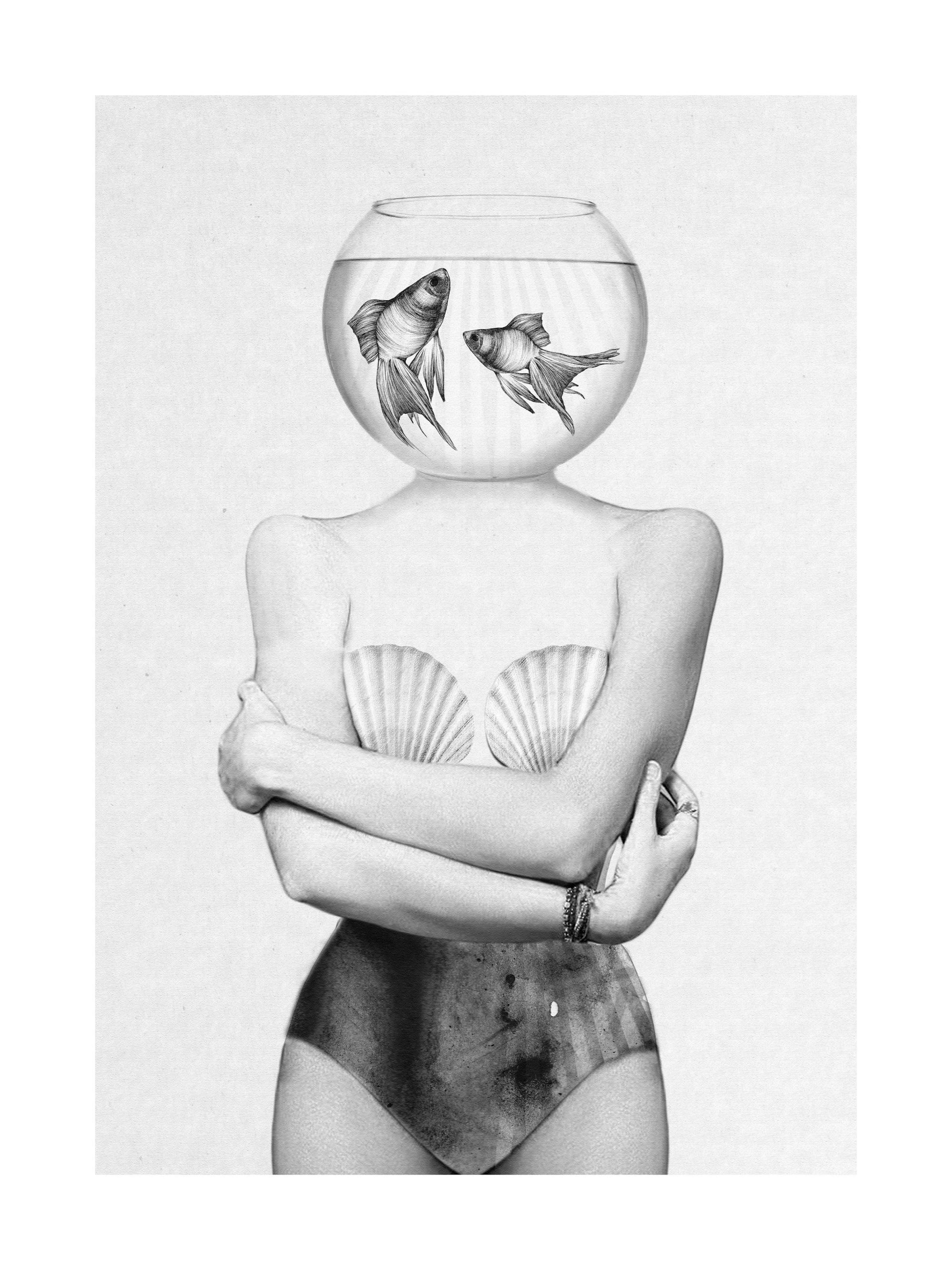 Hand-drawn woman in bikini with fishbowl for a face, black and white fine art print or poster