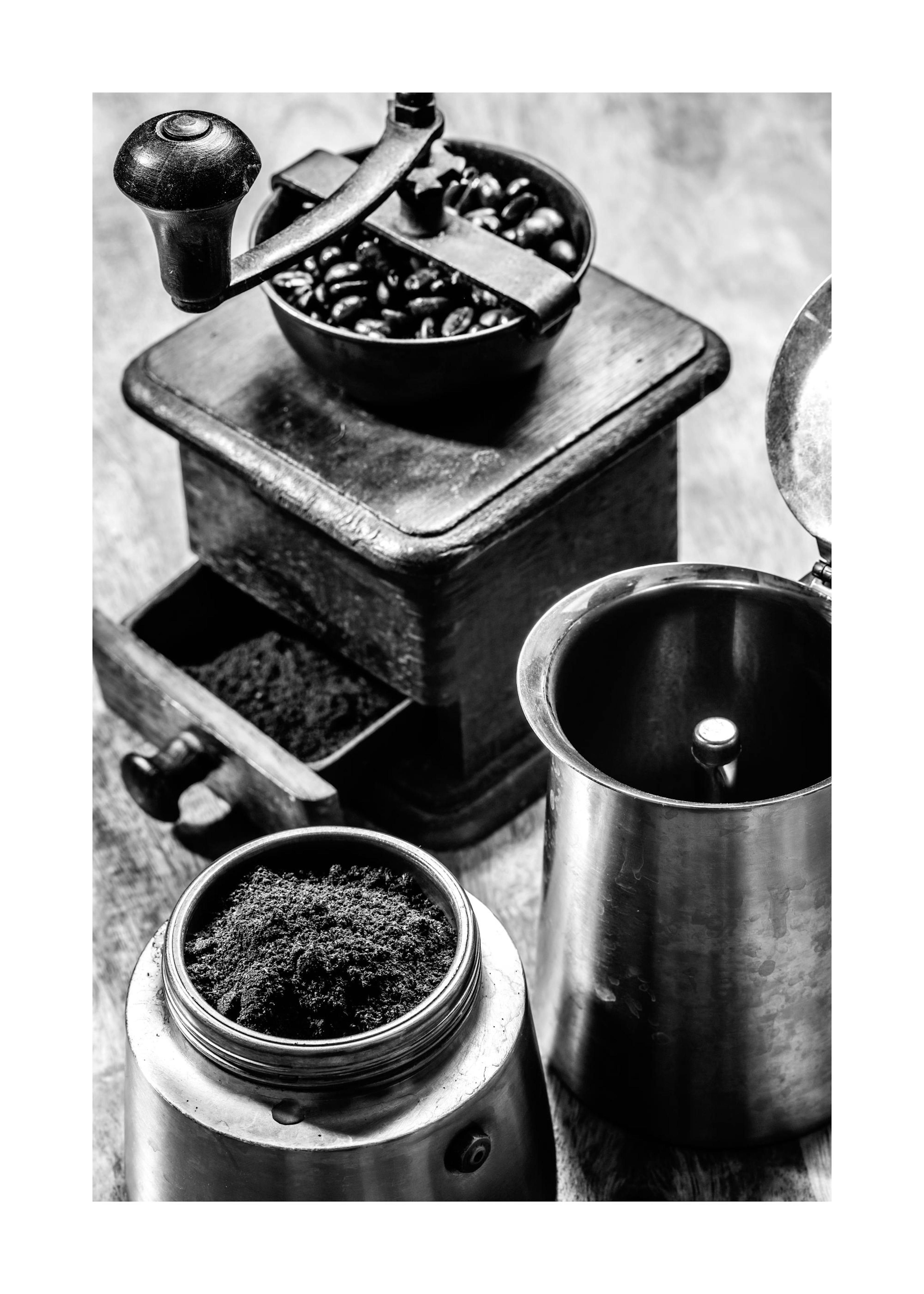 Black and white Moka Espresso Print featuring coffee beans, a vintage grinder, and espresso maker parts.