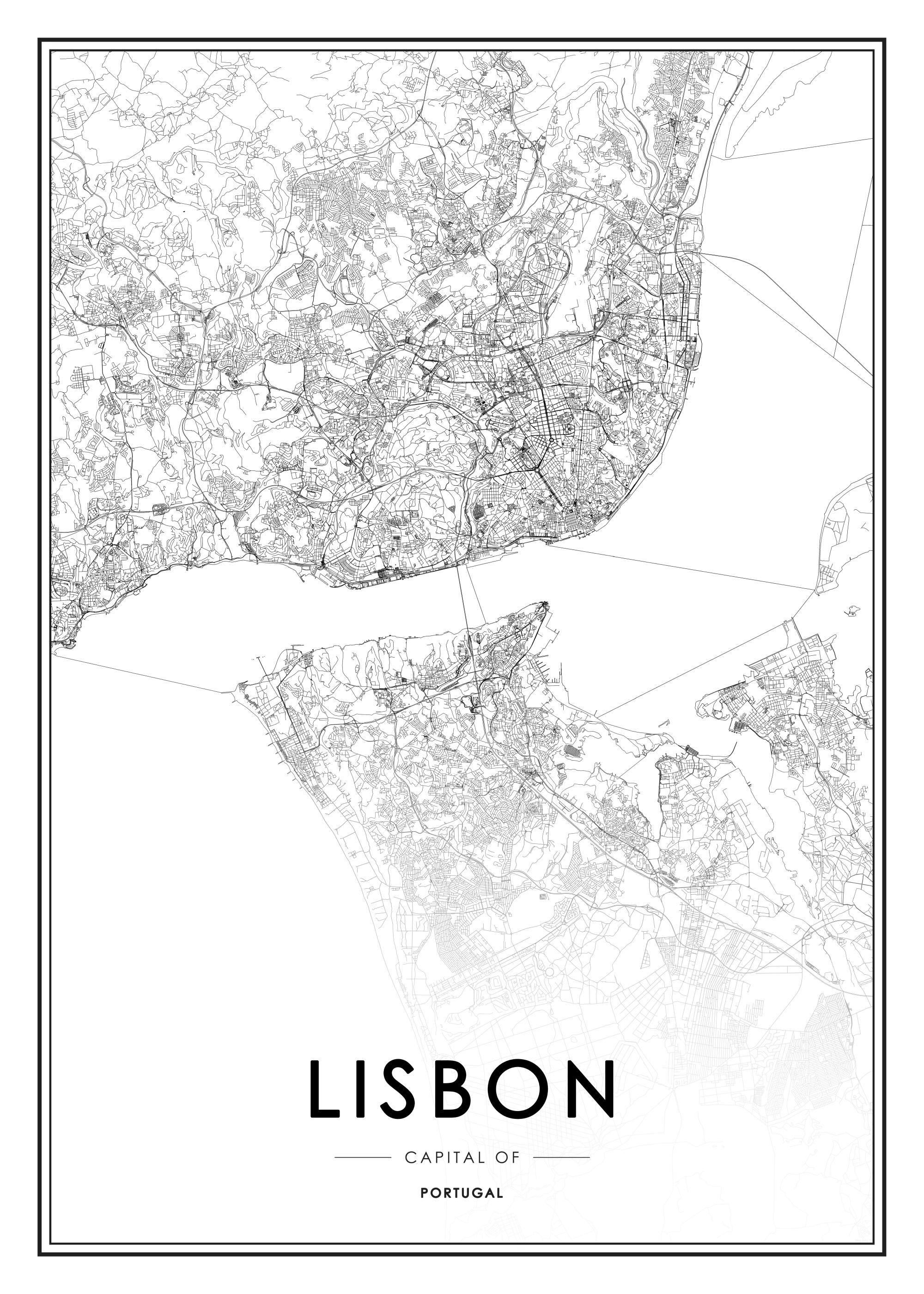 Detailed black and white map of Lisbon, Portugal, showing city streets and waterways.