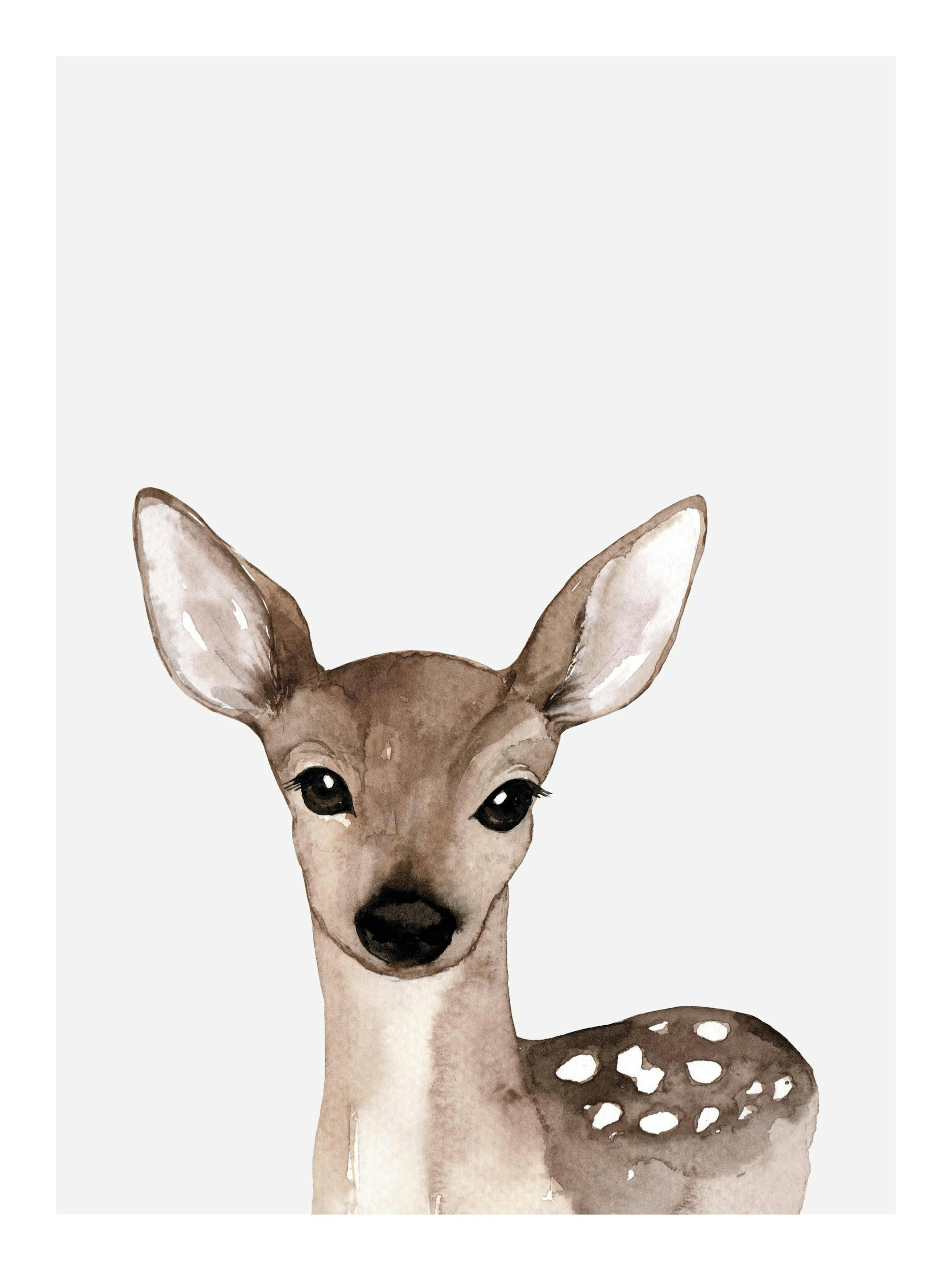 Plakat med malt rådyrkalv i brune og beige nyanser, med hvite flekker på kroppen, mot en lys bakgrunn. Barneromsposter.