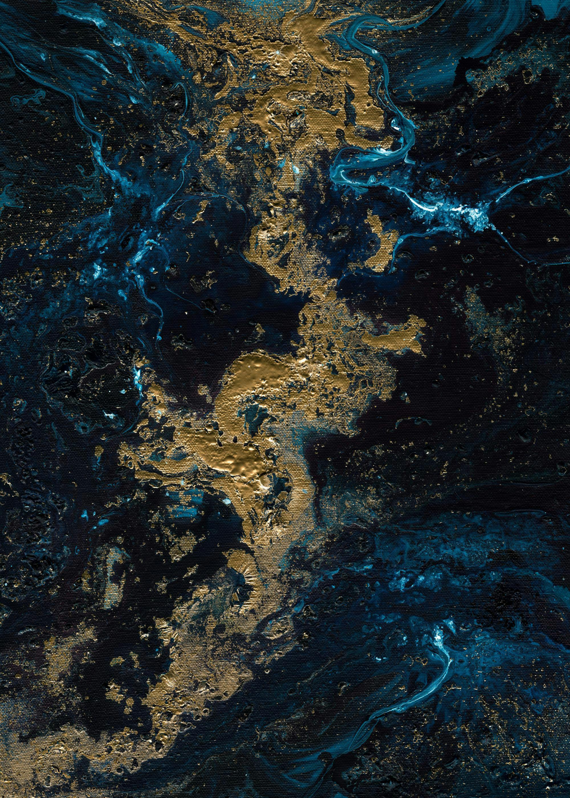 Blue and gold abstract oil painting with swirling patterns and rich textures.
