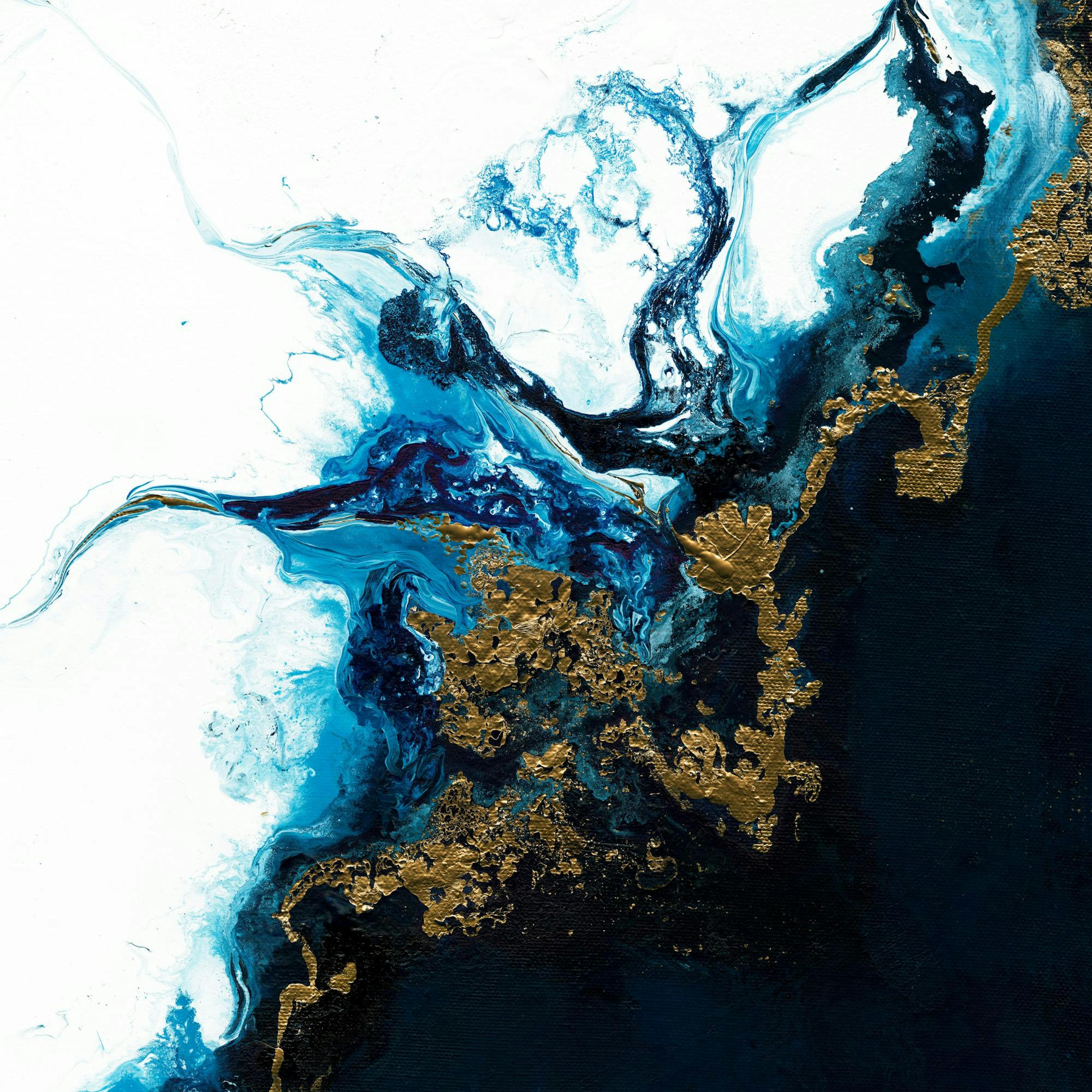 Abstract oil painting with blue, white, and gold swirls depicting a luxurious ocean or tide.