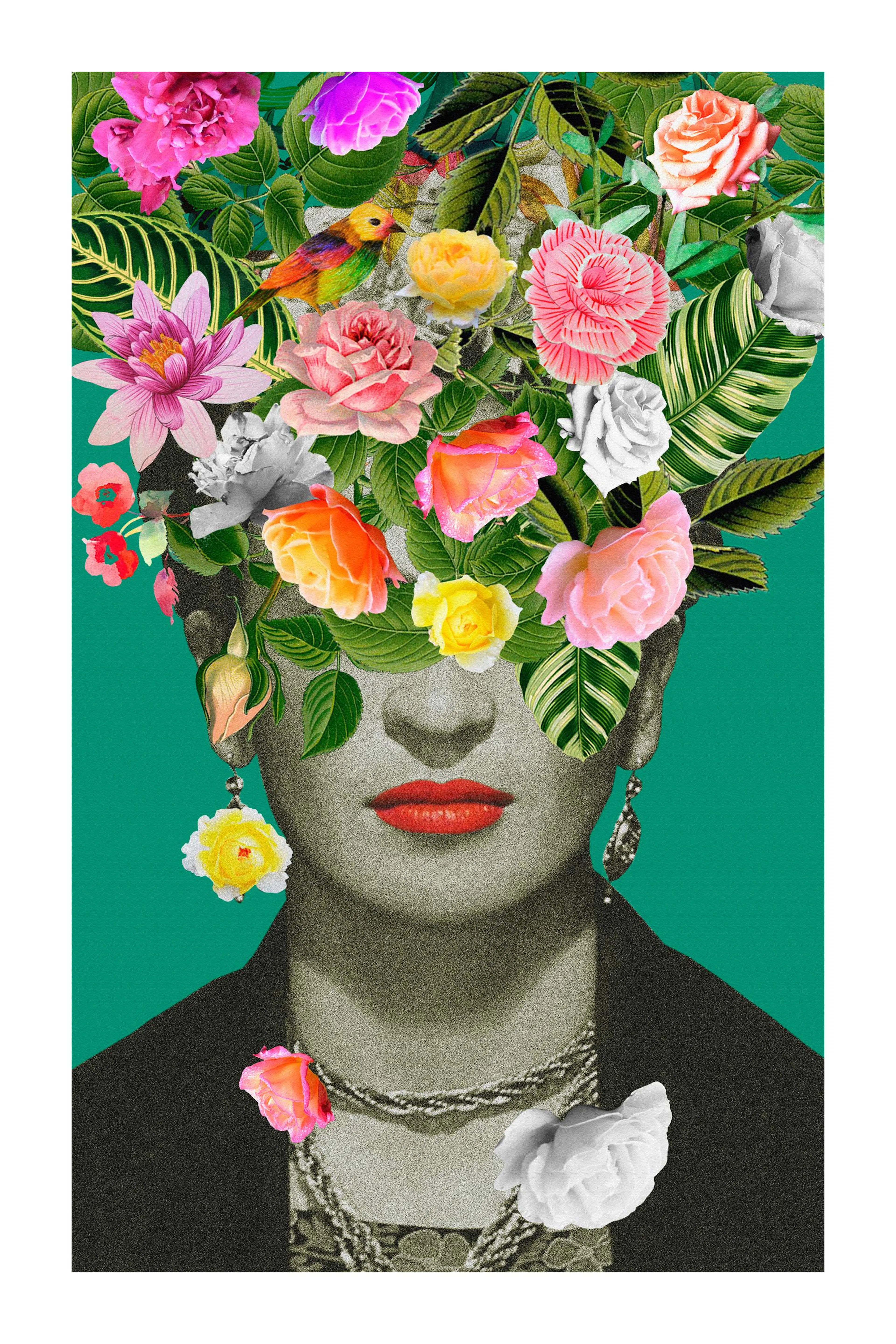 Graafinen juliste Frida Kahlosta punaisilla huulilla ja kasvojen peittävillä kukilla vihreää taustaa vasten.