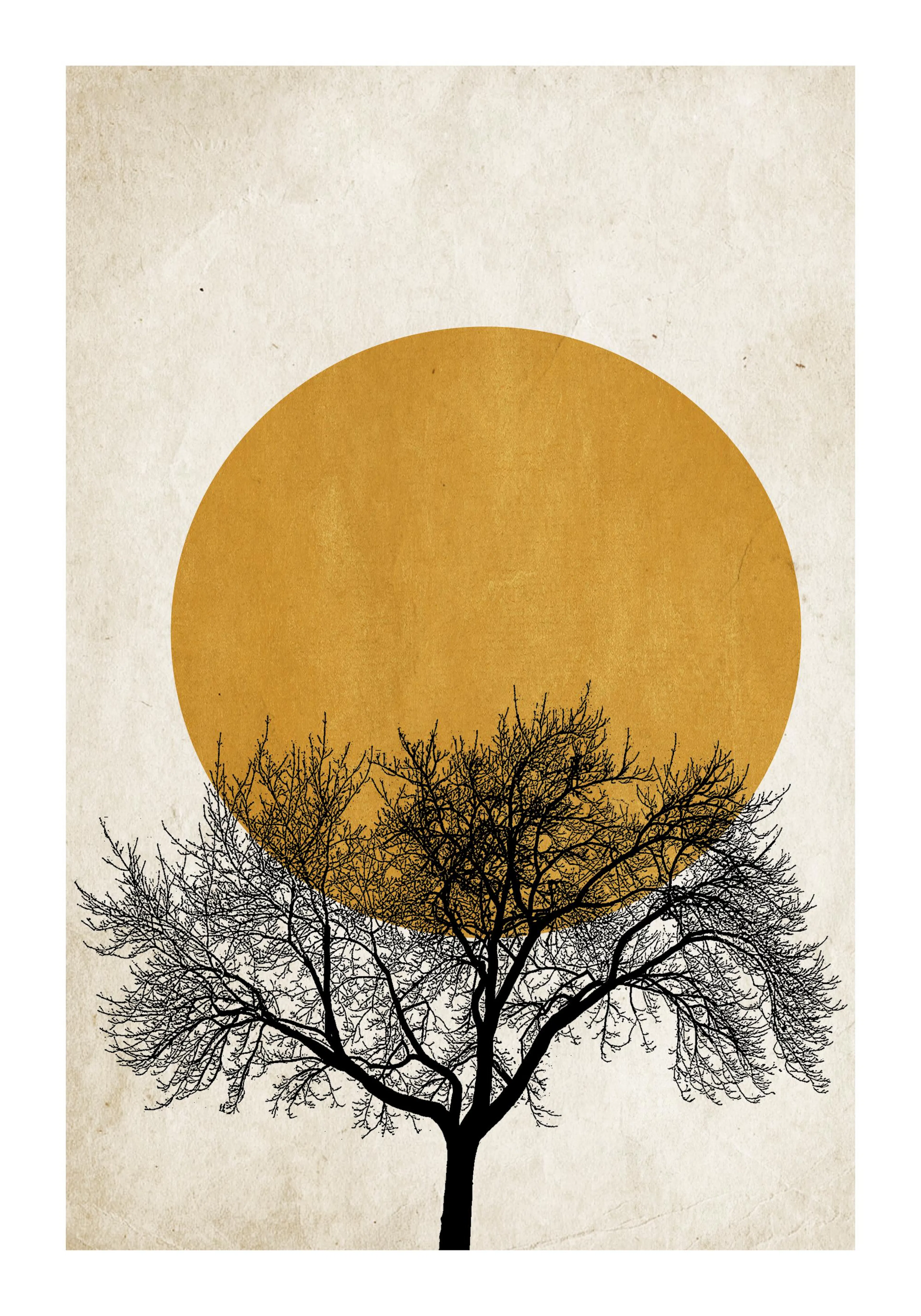 Graphic art print of a black tree against a dark yellow sun on a beige background, with a rubbed off color effect.