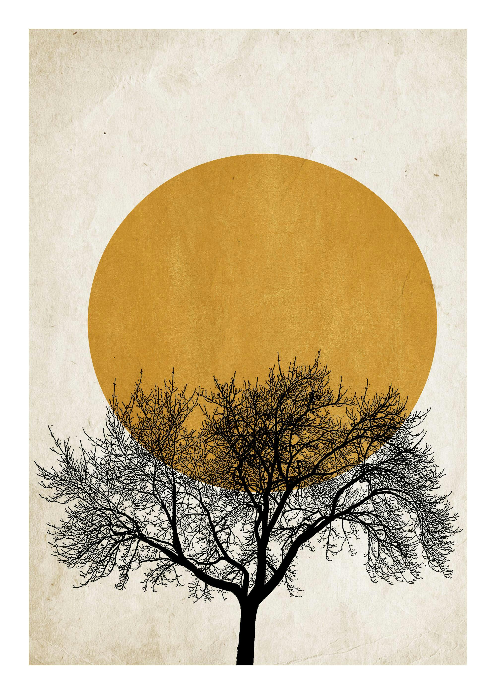 Graphic art print of a black tree in front of a dark yellow sun, on a beige background with a rubbed-off effect.